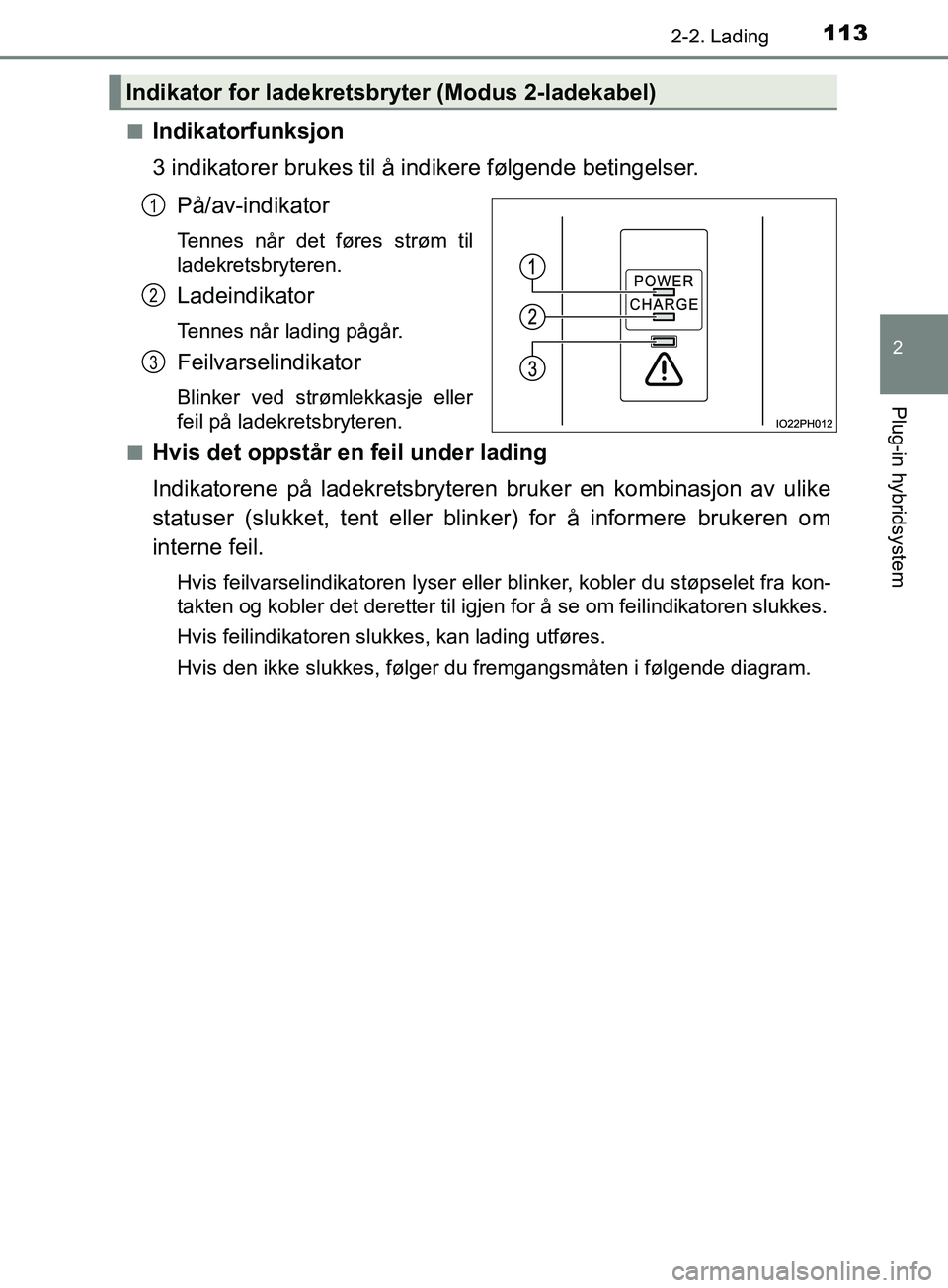 TOYOTA PRIUS PLUG-IN HYBRID 2018 Instruksjoner for bruk (in Norwegian) 1132-2. Lading
2
Plug-in hybridsystem
OM47C99NOn
Indikatorfunksjon
3 indikatorer brukes til å indikere følgende betingelser.
På/av-indikator
Tennes når det føres strøm til
ladekretsbryteren.
Lad TOYOTA PRIUS PLUG-IN HYBRID 2018 Instruksjoner for bruk (in Norwegian) 1132-2. Lading
2
Plug-in hybridsystem
OM47C99NOn
Indikatorfunksjon
3 indikatorer brukes til å indikere følgende betingelser.
På/av-indikator
Tennes når det føres strøm til
ladekretsbryteren.
Lad