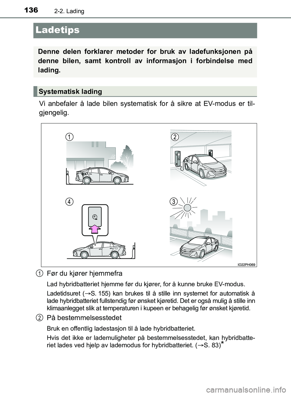 TOYOTA PRIUS PLUG-IN HYBRID 2018 Instruksjoner for bruk (in Norwegian) 1362-2. Lading
OM47C99NO
Ladetips
Vi anbefaler å lade bilen systematisk for å sikre at EV-modus er til-
gjengelig.Før du kjører hjemmefra
Lad hybridbatteriet hjemme før du kjører, for å kunne b TOYOTA PRIUS PLUG-IN HYBRID 2018 Instruksjoner for bruk (in Norwegian) 1362-2. Lading
OM47C99NO
Ladetips
Vi anbefaler å lade bilen systematisk for å sikre at EV-modus er til-
gjengelig.Før du kjører hjemmefra
Lad hybridbatteriet hjemme før du kjører, for å kunne b