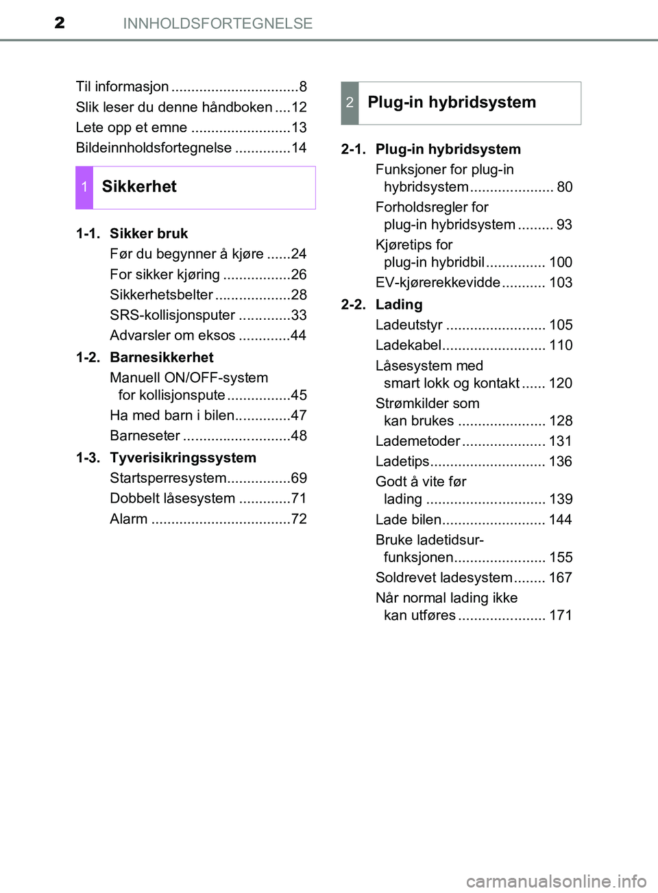 TOYOTA PRIUS PLUG-IN HYBRID 2018  Instruksjoner for bruk (in Norwegian) INNHOLDSFORTEGNELSE2
OM47C99NOTil informasjon ................................8
Slik leser du denne håndboken ....12
Lete opp et emne .........................13
Bildeinnholdsfortegnelse ............