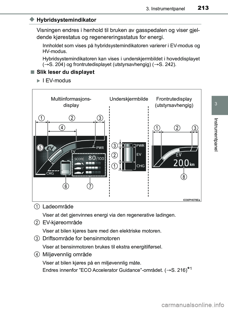 TOYOTA PRIUS PLUG-IN HYBRID 2018 Instruksjoner for bruk (in Norwegian) 2133. Instrumentpanel
3
Instrumentpanel
OM47C99NO
uHybridsystemindikator
Visningen endres i henhold til bruken av gasspedalen og viser gjel-
dende kjørestatus og regenereringsstatus for energi.
Innho TOYOTA PRIUS PLUG-IN HYBRID 2018 Instruksjoner for bruk (in Norwegian) 2133. Instrumentpanel
3
Instrumentpanel
OM47C99NO
uHybridsystemindikator
Visningen endres i henhold til bruken av gasspedalen og viser gjel-
dende kjørestatus og regenereringsstatus for energi.
Innho