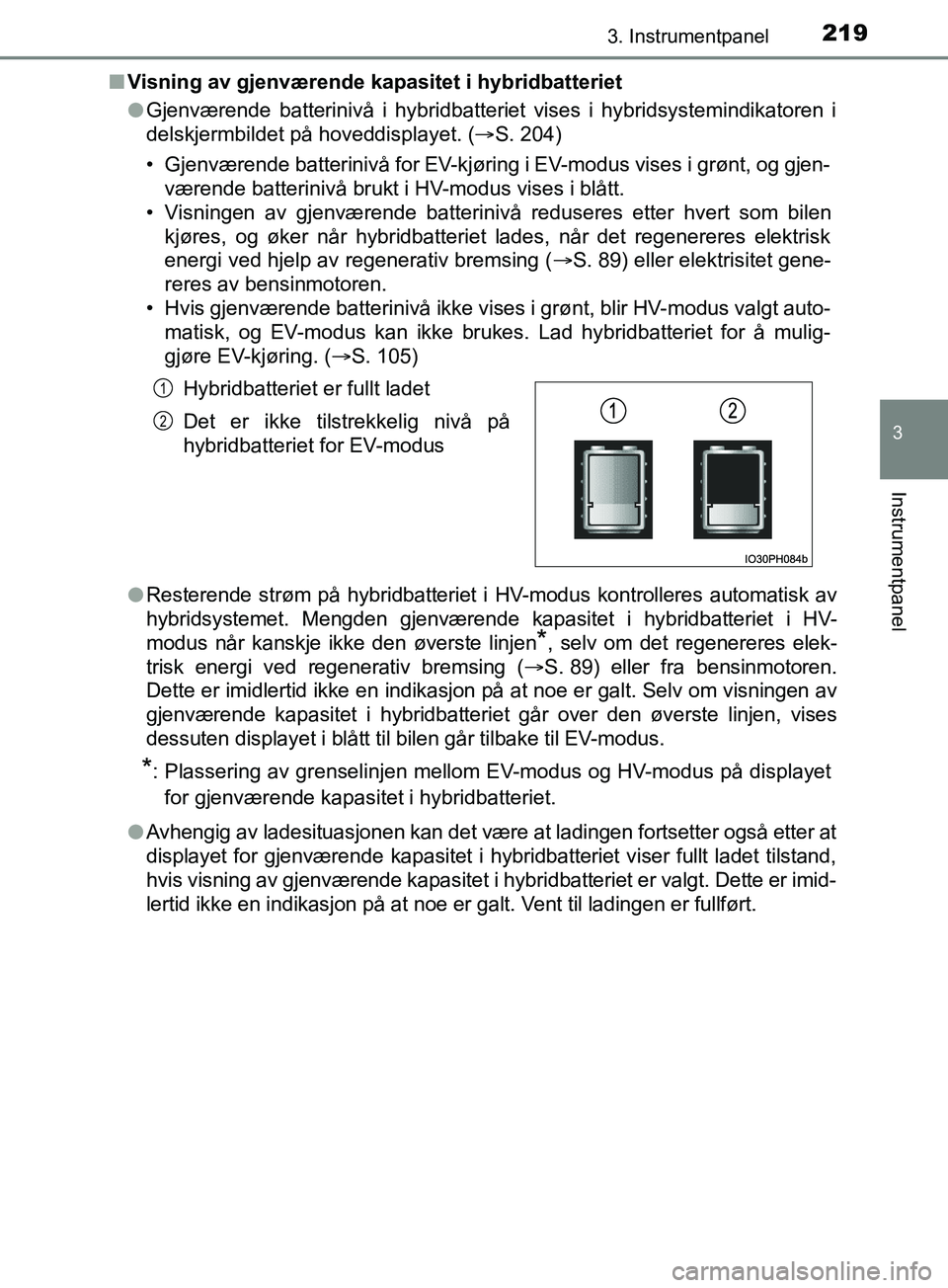 TOYOTA PRIUS PLUG-IN HYBRID 2018 Instruksjoner for bruk (in Norwegian) 2193. Instrumentpanel
3
Instrumentpanel
OM47C99NOn
Visning av gjenværende kapasitet i hybridbatteriet
lGjenværende batterinivå i hybridbatteriet vises i hybridsystemindikatoren i
delskjermbildet p TOYOTA PRIUS PLUG-IN HYBRID 2018 Instruksjoner for bruk (in Norwegian) 2193. Instrumentpanel
3
Instrumentpanel
OM47C99NOn
Visning av gjenværende kapasitet i hybridbatteriet
lGjenværende batterinivå i hybridbatteriet vises i hybridsystemindikatoren i
delskjermbildet p