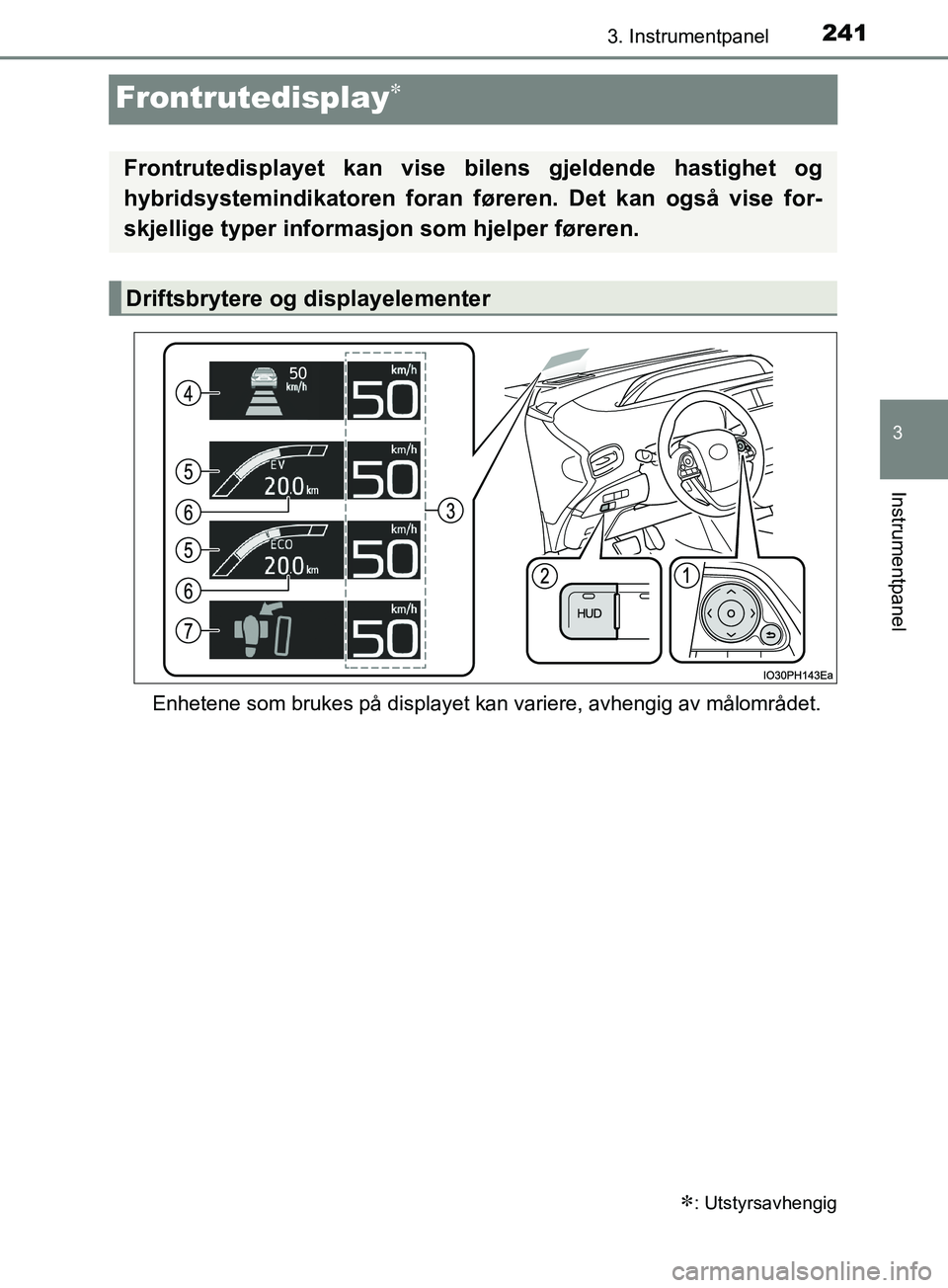 TOYOTA PRIUS PLUG-IN HYBRID 2018 Instruksjoner for bruk (in Norwegian) 2413. Instrumentpanel
OM47C99NO
3
Instrumentpanel
Frontrutedisplay
Enhetene som brukes på displayet kan variere, avhengig av målområdet.
: Utstyrsavhengig
Frontrutedisplayet kan vise bilens g TOYOTA PRIUS PLUG-IN HYBRID 2018 Instruksjoner for bruk (in Norwegian) 2413. Instrumentpanel
OM47C99NO
3
Instrumentpanel
Frontrutedisplay
Enhetene som brukes på displayet kan variere, avhengig av målområdet.
: Utstyrsavhengig
Frontrutedisplayet kan vise bilens g