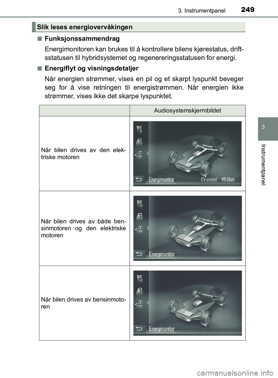 TOYOTA PRIUS PLUG-IN HYBRID 2018 Instruksjoner for bruk (in Norwegian) 2493. Instrumentpanel
3
Instrumentpanel
OM47C99NOn
Funksjonssammendrag
Energimonitoren kan brukes
til å kontrollere bilens kjørestatus, drift-
sstatusen til hybridsystemet og regenereringsstatusen TOYOTA PRIUS PLUG-IN HYBRID 2018 Instruksjoner for bruk (in Norwegian) 2493. Instrumentpanel
3
Instrumentpanel
OM47C99NOn
Funksjonssammendrag
Energimonitoren kan brukes
til å kontrollere bilens kjørestatus, drift-
sstatusen til hybridsystemet og regenereringsstatusen