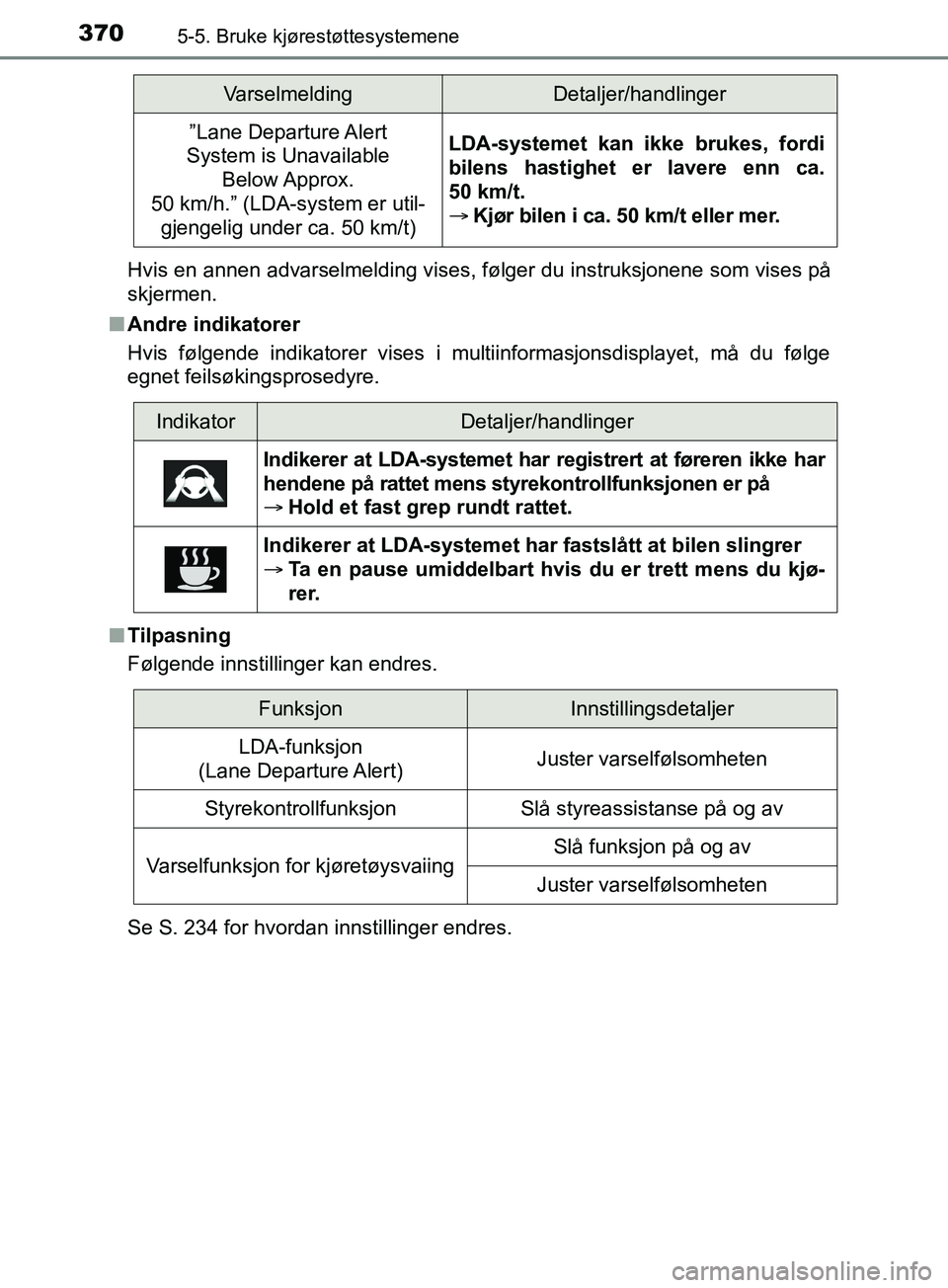 TOYOTA PRIUS PLUG-IN HYBRID 2018 Instruksjoner for bruk (in Norwegian) 3705-5. Bruke kjørestøttesystemene
OM47C99NOHvis en annen advarselmelding vises, følger du instruksjonene som vises på
skjermen.
n Andre indikatorer
Hvis følgende indikatorer vises i multiinforma TOYOTA PRIUS PLUG-IN HYBRID 2018 Instruksjoner for bruk (in Norwegian) 3705-5. Bruke kjørestøttesystemene
OM47C99NOHvis en annen advarselmelding vises, følger du instruksjonene som vises på
skjermen.
n Andre indikatorer
Hvis følgende indikatorer vises i multiinforma