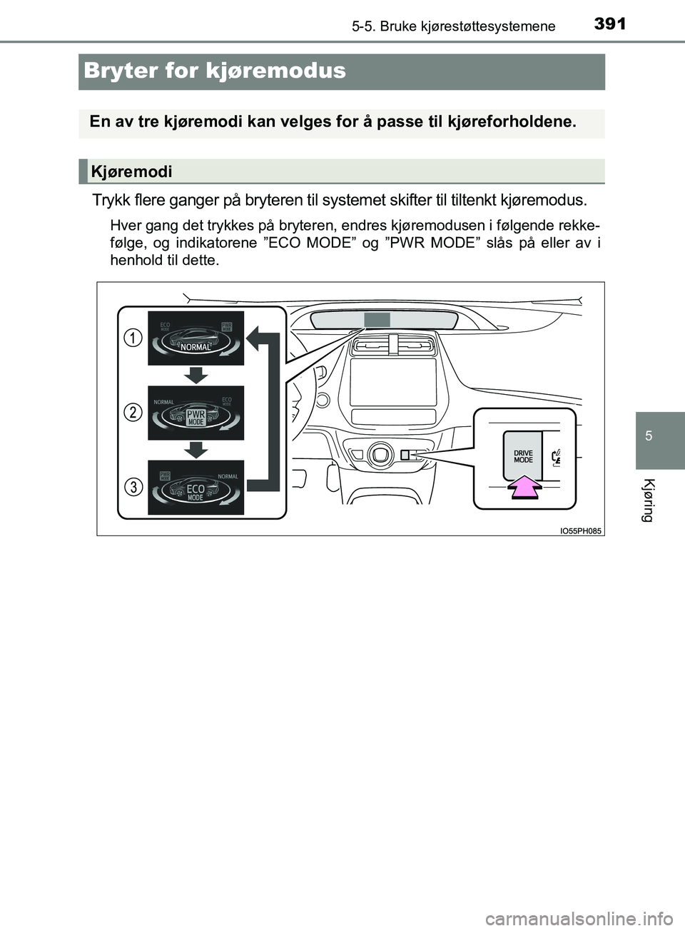 TOYOTA PRIUS PLUG-IN HYBRID 2018 Instruksjoner for bruk (in Norwegian) 3915-5. Bruke kjørestøttesystemene
OM47C99NO
5
Kjøring
Bryter for kjøremodus
Trykk flere ganger på bryteren til systemet skifter til tiltenkt kjøremodus.
Hver gang det trykkes på bryteren, endr TOYOTA PRIUS PLUG-IN HYBRID 2018 Instruksjoner for bruk (in Norwegian) 3915-5. Bruke kjørestøttesystemene
OM47C99NO
5
Kjøring
Bryter for kjøremodus
Trykk flere ganger på bryteren til systemet skifter til tiltenkt kjøremodus.
Hver gang det trykkes på bryteren, endr