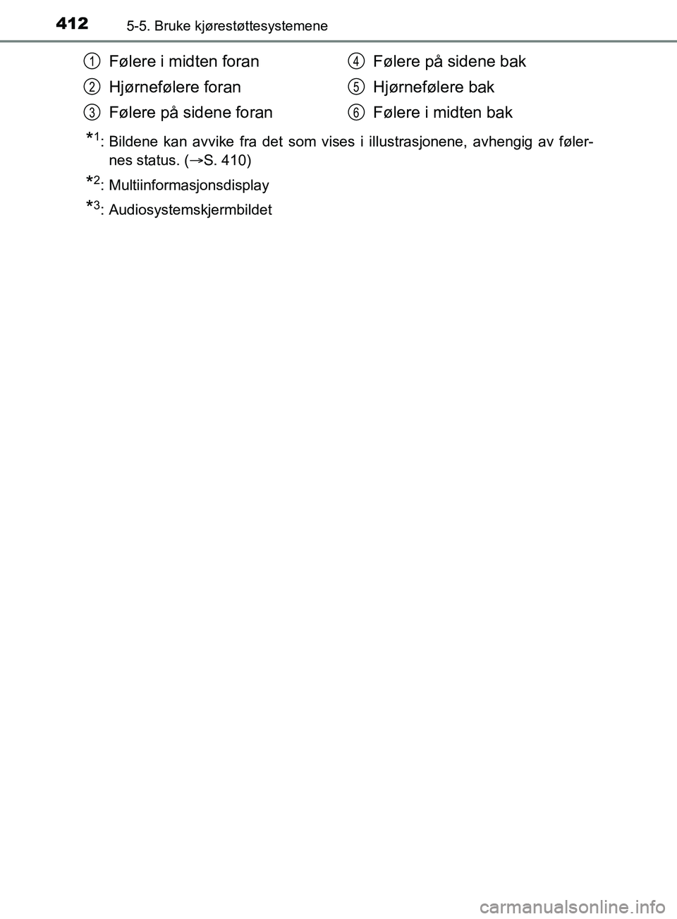 TOYOTA PRIUS PLUG-IN HYBRID 2018 Instruksjoner for bruk (in Norwegian) 4125-5. Bruke kjørestøttesystemene
OM47C99NO
*1: Bildene kan avvike fra det som vises i illustrasjonene, avhengig av føler-nes status. ( S. 410)
*2: Multiinformasjonsdisplay
*3: Audiosystemskjer TOYOTA PRIUS PLUG-IN HYBRID 2018 Instruksjoner for bruk (in Norwegian) 4125-5. Bruke kjørestøttesystemene
OM47C99NO
*1: Bildene kan avvike fra det som vises i illustrasjonene, avhengig av føler-nes status. ( S. 410)
*2: Multiinformasjonsdisplay
*3: Audiosystemskjer