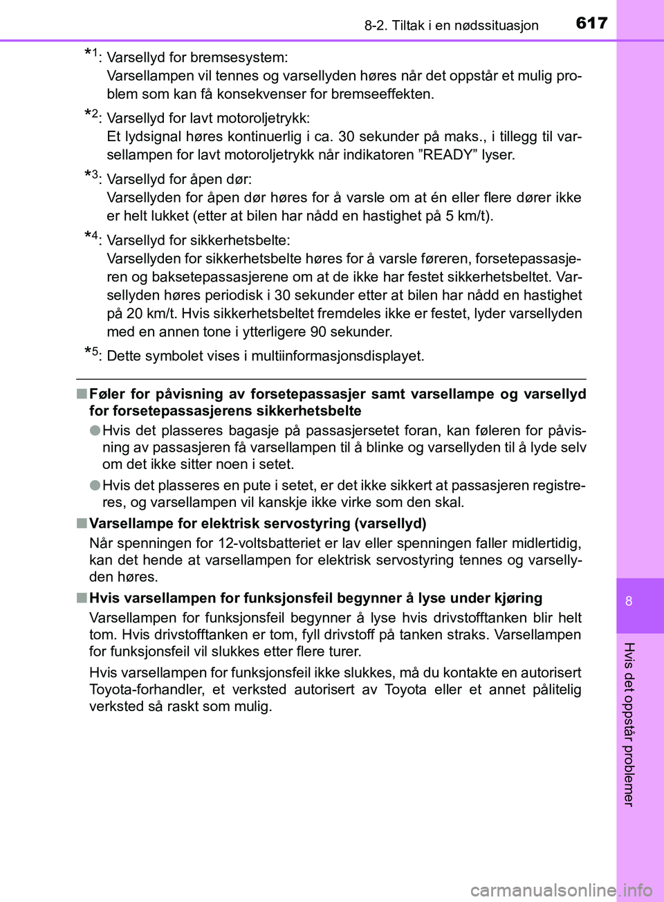 TOYOTA PRIUS PLUG-IN HYBRID 2018 Instruksjoner for bruk (in Norwegian) 6178-2. Tiltak i en nødssituasjon
OM47C99NO
8
Hvis det oppstår problemer
*1: Varsellyd for bremsesystem:Varsellampen vil tennes og varsellyden høres når det oppstår et mulig pro-
blem som kan få TOYOTA PRIUS PLUG-IN HYBRID 2018 Instruksjoner for bruk (in Norwegian) 6178-2. Tiltak i en nødssituasjon
OM47C99NO
8
Hvis det oppstår problemer
*1: Varsellyd for bremsesystem:Varsellampen vil tennes og varsellyden høres når det oppstår et mulig pro-
blem som kan få