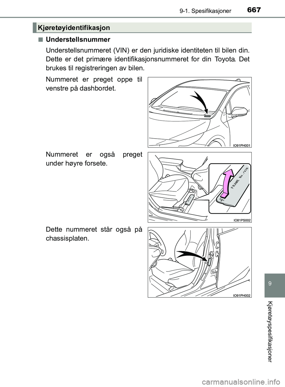 TOYOTA PRIUS PLUG-IN HYBRID 2018 Instruksjoner for bruk (in Norwegian) 6679-1. Spesifikasjoner
OM47C99NO
9
Kjøretøyspesifikasjoner
nUnderstellsnummer
Understellsnummeret (VIN) er den juridiske identiteten til bilen din.
Dette er det primære identifikasjonsnummeret for TOYOTA PRIUS PLUG-IN HYBRID 2018 Instruksjoner for bruk (in Norwegian) 6679-1. Spesifikasjoner
OM47C99NO
9
Kjøretøyspesifikasjoner
nUnderstellsnummer
Understellsnummeret (VIN) er den juridiske identiteten til bilen din.
Dette er det primære identifikasjonsnummeret for