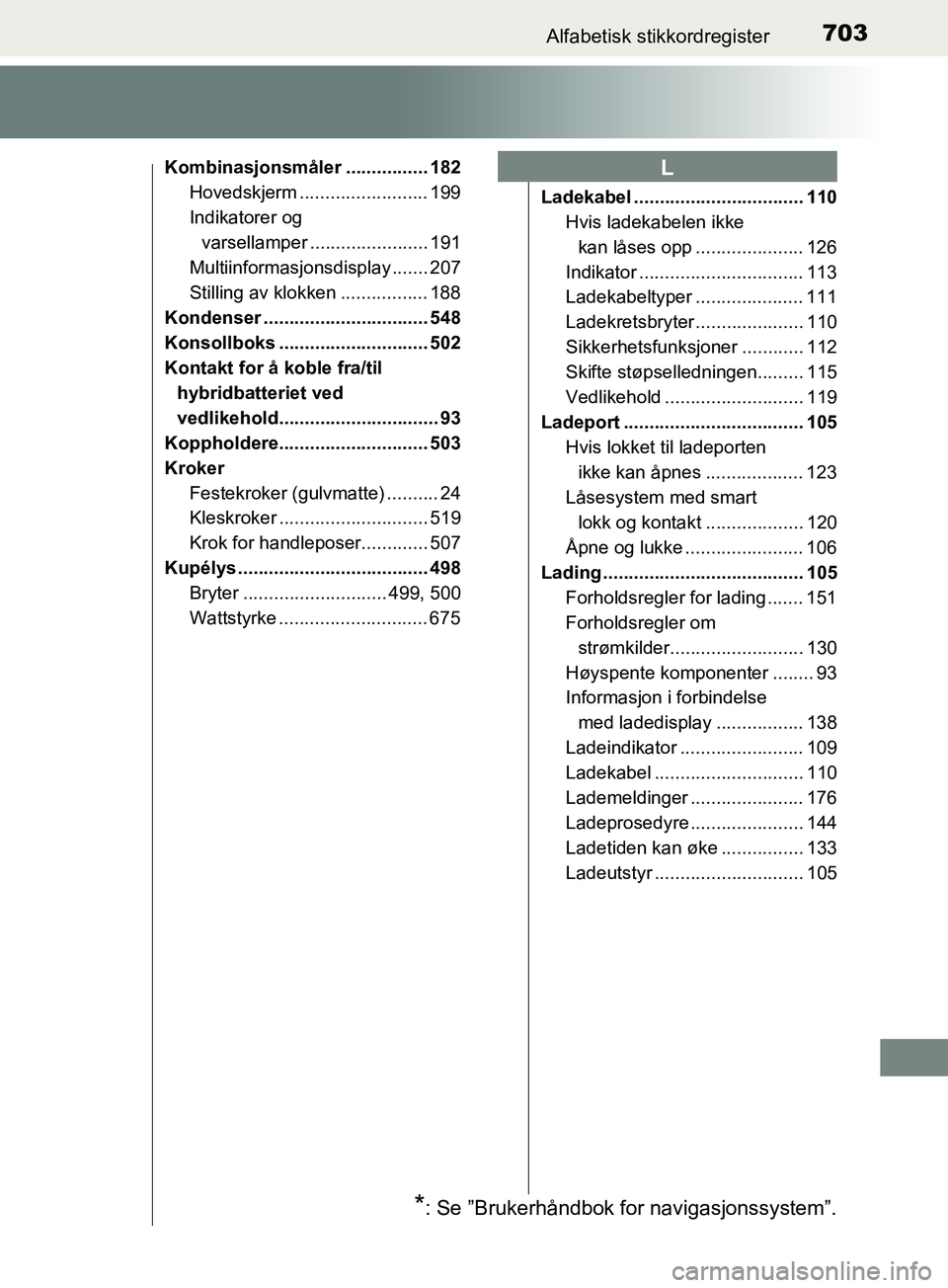 TOYOTA PRIUS PLUG-IN HYBRID 2018 Instruksjoner for bruk (in Norwegian) 703Alfabetisk stikkordregister
OM47C99NO
Kombinasjonsmåler ................ 182Hovedskjerm ......................... 199
Indikatorer og
varsellamper ....................... 191
Multiinformasjonsdisp TOYOTA PRIUS PLUG-IN HYBRID 2018 Instruksjoner for bruk (in Norwegian) 703Alfabetisk stikkordregister
OM47C99NO
Kombinasjonsmåler ................ 182Hovedskjerm ......................... 199
Indikatorer og
varsellamper ....................... 191
Multiinformasjonsdisp