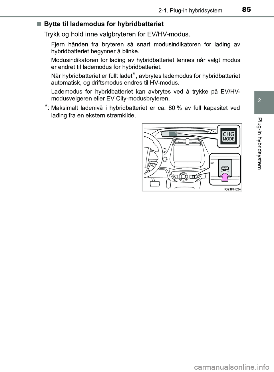 TOYOTA PRIUS PLUG-IN HYBRID 2018 Instruksjoner for bruk (in Norwegian) 852-1. Plug-in hybridsystem
2
Plug-in hybridsystem
OM47C99NOn
Bytte til lademodus for hybridbatteriet
Trykk og hold inne valgbryteren for EV/HV-modus.
Fjern hånden fra bryteren så snart modusindikat TOYOTA PRIUS PLUG-IN HYBRID 2018 Instruksjoner for bruk (in Norwegian) 852-1. Plug-in hybridsystem
2
Plug-in hybridsystem
OM47C99NOn
Bytte til lademodus for hybridbatteriet
Trykk og hold inne valgbryteren for EV/HV-modus.
Fjern hånden fra bryteren så snart modusindikat
