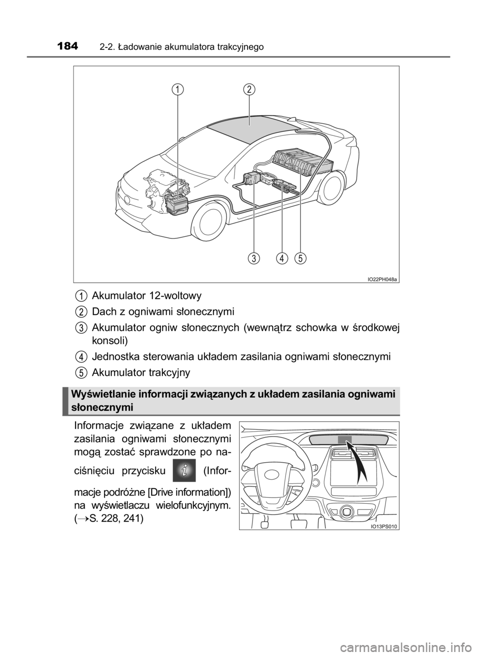 TOYOTA PRIUS PLUG-IN HYBRID 2018 Instrukcja obsługi (in Polish) Akumulator 12-woltowy
Dach z ogniwami s∏onecznymi
Akumulator ogniw s∏onecznych (wewnàtrz schowka w Êrodkowej
konsoli)
Jednostka sterowania uk∏adem zasilania ogniwami s∏onecznymi
Akumula TOYOTA PRIUS PLUG-IN HYBRID 2018 Instrukcja obsługi (in Polish) Akumulator 12-woltowy
Dach z ogniwami s∏onecznymi
Akumulator ogniw s∏onecznych (wewnàtrz schowka w Êrodkowej
konsoli)
Jednostka sterowania uk∏adem zasilania ogniwami s∏onecznymi
Akumula
