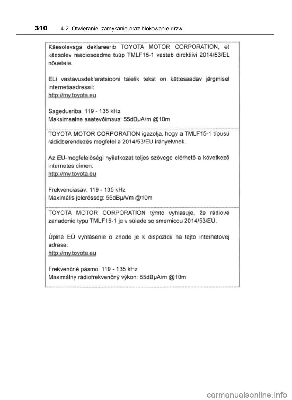 TOYOTA PRIUS PLUG-IN HYBRID 2018  Instrukcja obsługi (in Polish) 3104-2. Otwieranie, zamykanie oraz blokowanie drzwi
32 Prius Plug_in OM47C99E  4/7/18  12:26  Page 310    (Black plate) 