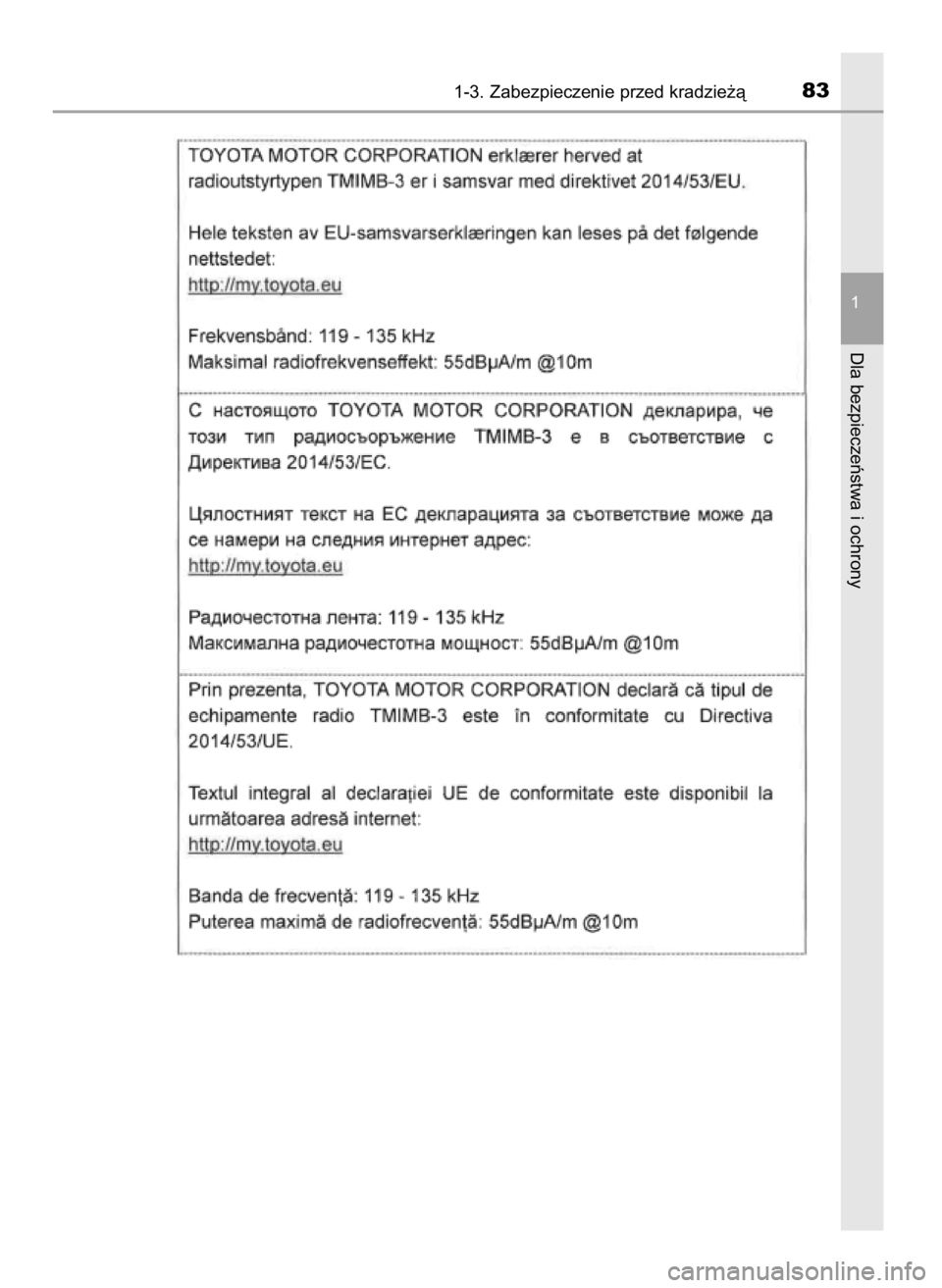 TOYOTA PRIUS PLUG-IN HYBRID 2018  Instrukcja obsługi (in Polish) 1-3. Zabezpieczenie przed kradzie˝à83
1
Dla bezpieczeƒstwa i ochrony
32 Prius Plug_in OM47C99E  4/7/18  12:24  Page 83    (Black plate) 