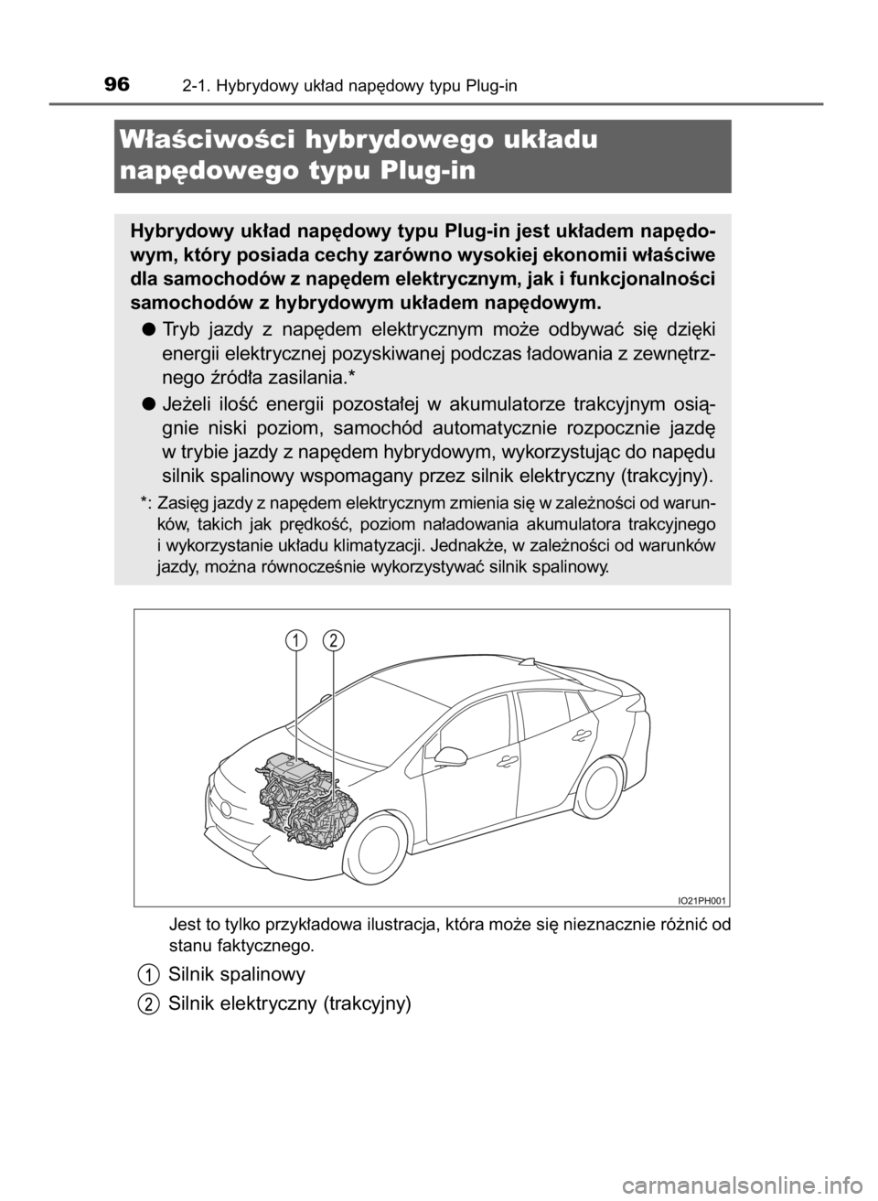 TOYOTA PRIUS PLUG-IN HYBRID 2018  Instrukcja obsługi (in Polish) Jest to tylko przyk∏adowa ilustracja, która mo˝e si´ nieznacznie ró˝niç od
stanu faktycznego.
Silnik spalinowy
Silnik elektryczny (trakcyjny)
962-1. Hybrydowy uk∏ad nap´dowy typu Plug-in
W