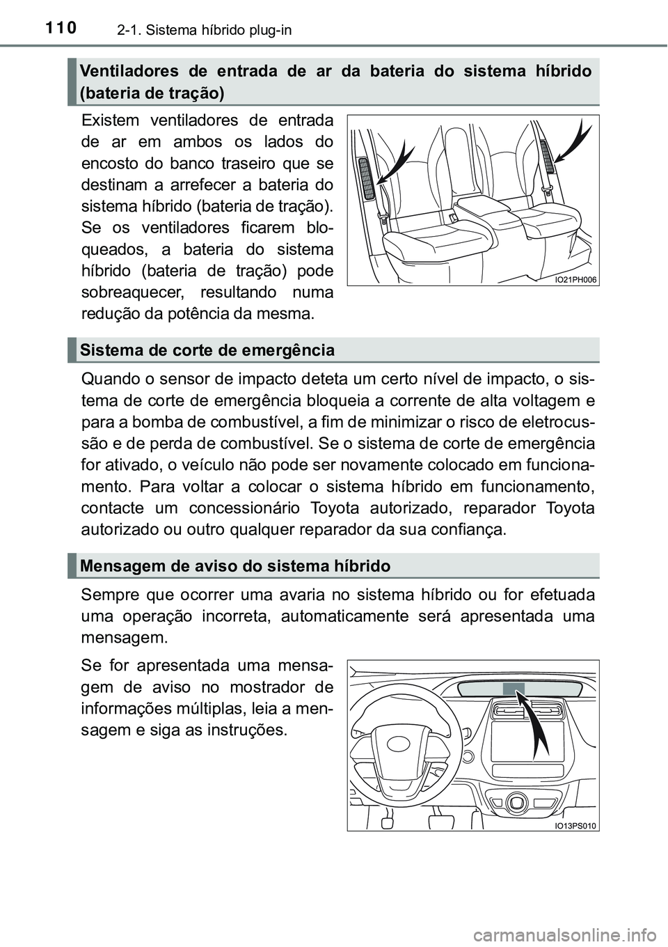 TOYOTA PRIUS PLUG-IN HYBRID 2018  Manual de utilização (in Portuguese) 1102-1. Sistema híbrido plug-in
Existem  ventiladores  de  entrada
de  ar  em  ambos  os  lados  do
encosto  do  banco  traseiro  que  se
destinam a arrefecer a bateria do
sistema híbrido (bateria d
