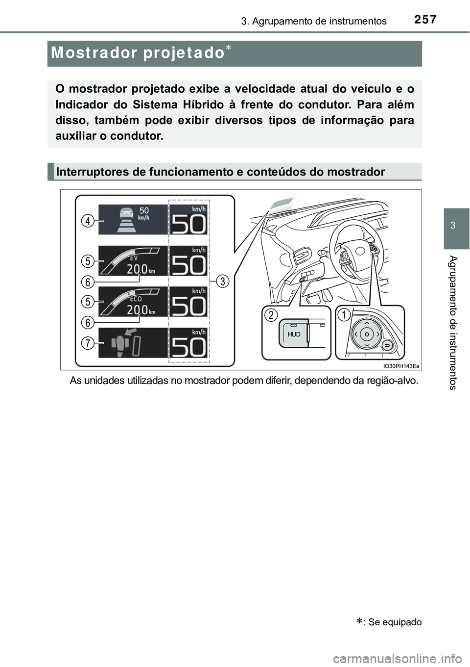 TOYOTA PRIUS PLUG-IN HYBRID 2018  Manual de utilização (in Portuguese) 2573. Agrupamento de instrumentos
3
Agrupamento de instrumentos
Mostrador projetado
As unidades utilizadas no mostrador podem diferir, dependendo da região-alvo.
: Se equipado
O  mostrador  pro