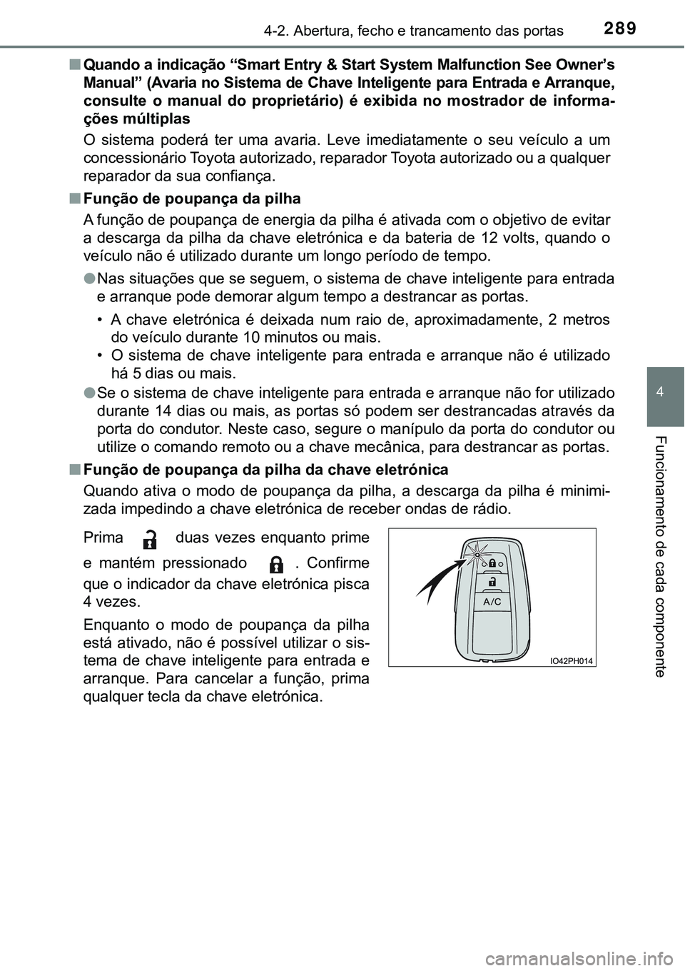 TOYOTA PRIUS PLUG-IN HYBRID 2018  Manual de utilização (in Portuguese) 2894-2. Abertura, fecho e trancamento das portas
4
Funcionamento de cada componente
nQuando a indicação “Smart Entry & Start System Malfunction See Owner’s
Manual” (Avaria no Sistema de Chave 