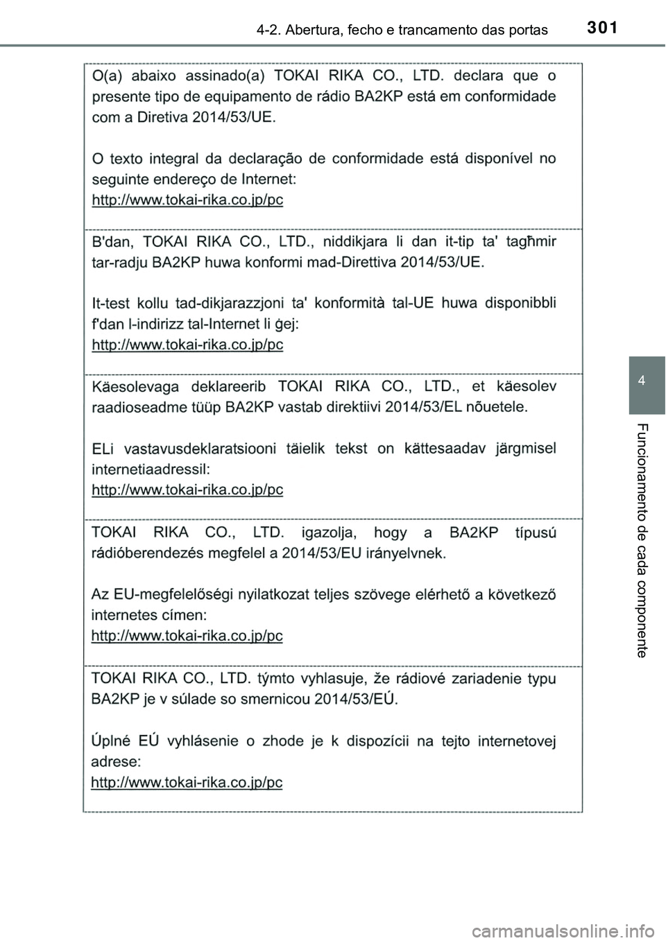 TOYOTA PRIUS PLUG-IN HYBRID 2018 Manual de utilização (in Portuguese) 3014-2. Abertura, fecho e trancamento das portas
4
Funcionamento de cada componente TOYOTA PRIUS PLUG-IN HYBRID 2018 Manual de utilização (in Portuguese) 3014-2. Abertura, fecho e trancamento das portas
4
Funcionamento de cada componente