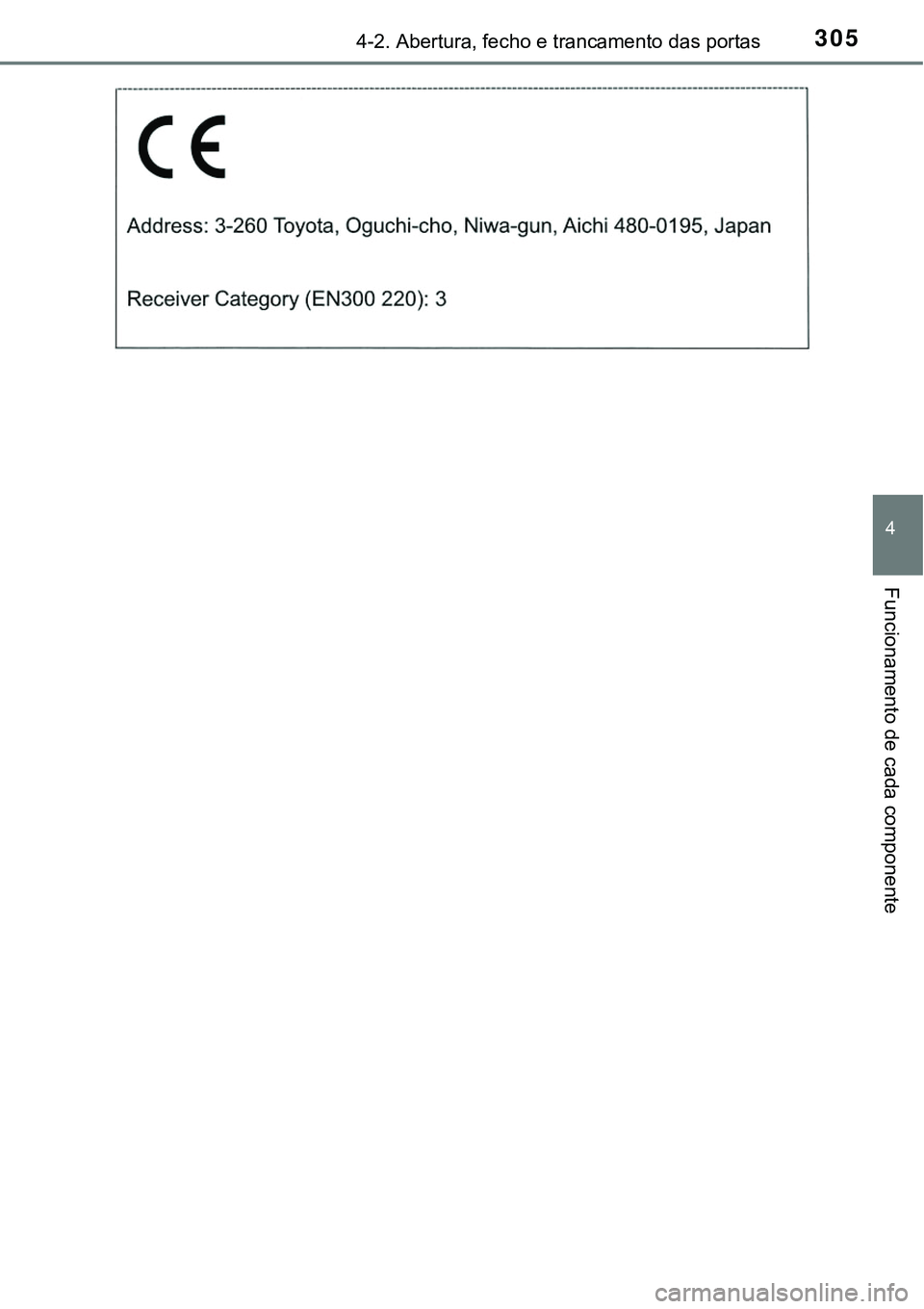 TOYOTA PRIUS PLUG-IN HYBRID 2018 Manual de utilização (in Portuguese) 3054-2. Abertura, fecho e trancamento das portas
4
Funcionamento de cada componente TOYOTA PRIUS PLUG-IN HYBRID 2018 Manual de utilização (in Portuguese) 3054-2. Abertura, fecho e trancamento das portas
4
Funcionamento de cada componente