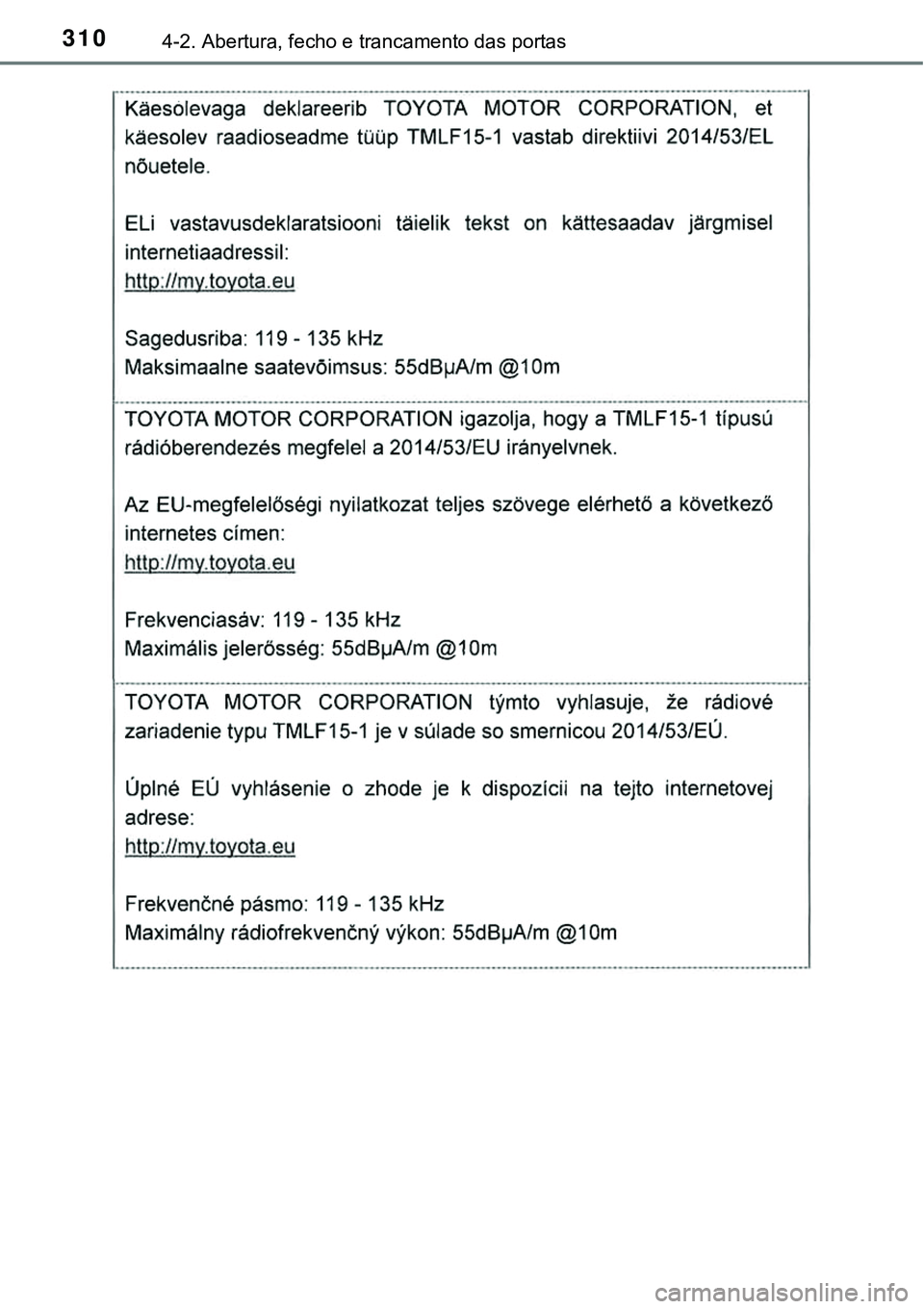 TOYOTA PRIUS PLUG-IN HYBRID 2018  Manual de utilização (in Portuguese) 3104-2. Abertura, fecho e trancamento das portas 