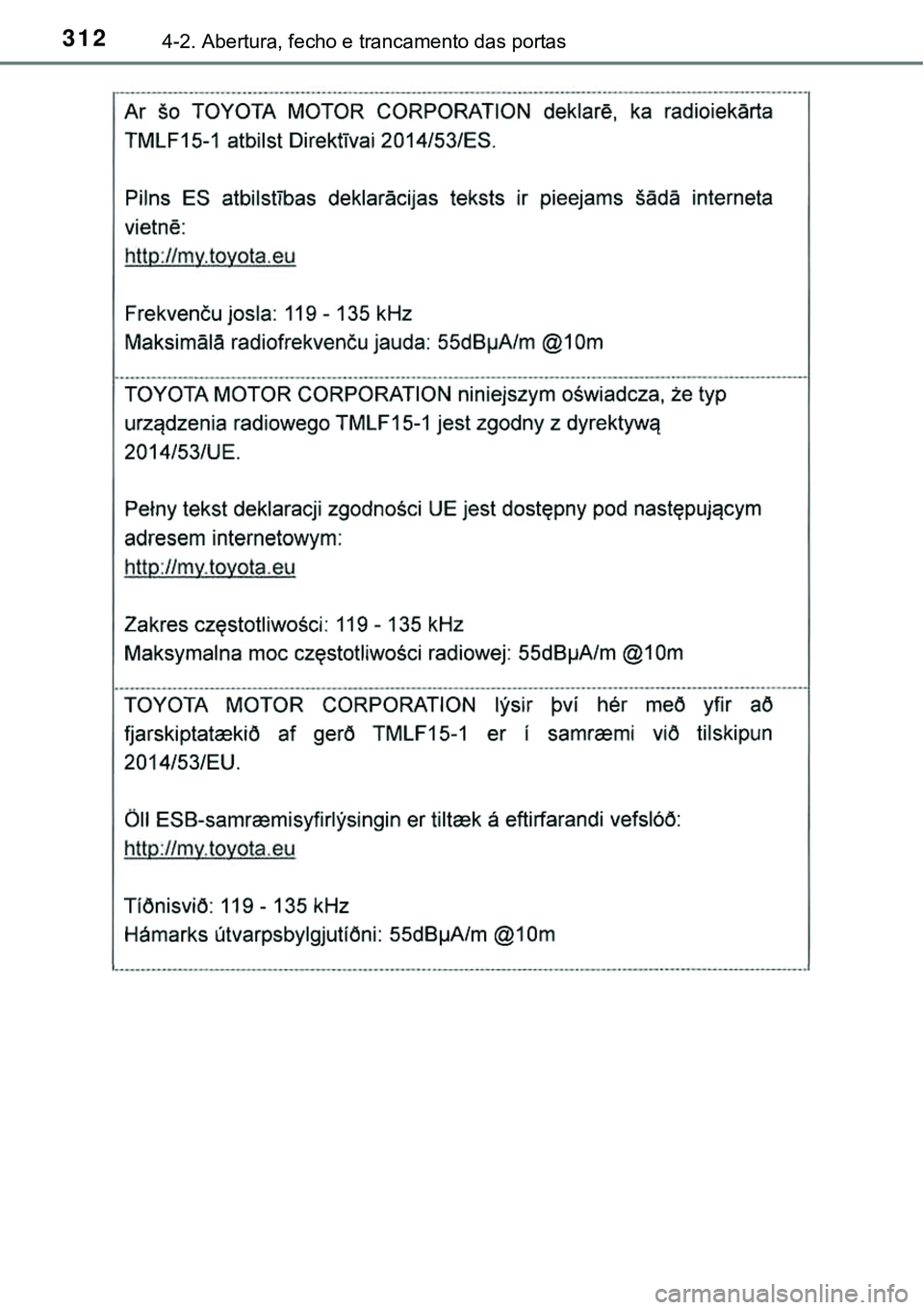 TOYOTA PRIUS PLUG-IN HYBRID 2018  Manual de utilização (in Portuguese) 3124-2. Abertura, fecho e trancamento das portas 