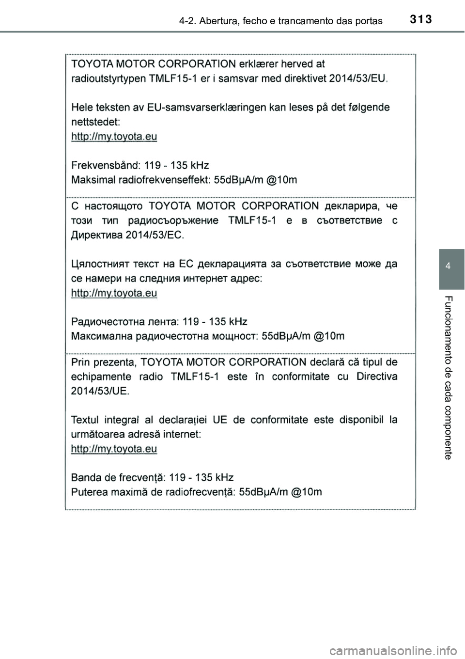 TOYOTA PRIUS PLUG-IN HYBRID 2018  Manual de utilização (in Portuguese) 3134-2. Abertura, fecho e trancamento das portas
4
Funcionamento de cada componente 