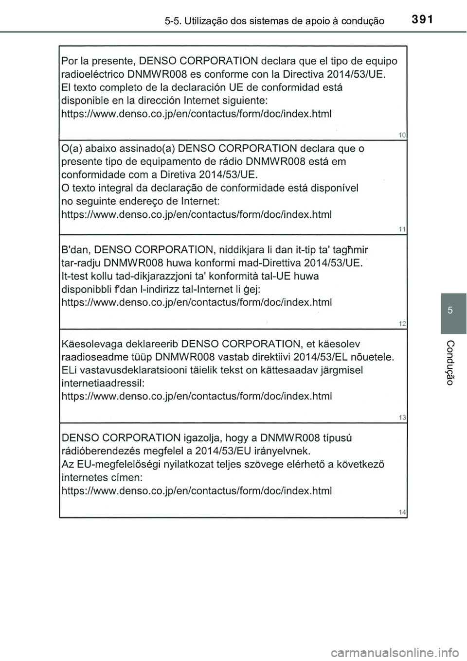 TOYOTA PRIUS PLUG-IN HYBRID 2018 Manual de utilização (in Portuguese) 3915-5. Utilização dos sistemas de apoio à condução
5
Condução TOYOTA PRIUS PLUG-IN HYBRID 2018 Manual de utilização (in Portuguese) 3915-5. Utilização dos sistemas de apoio à condução
5
Condução
