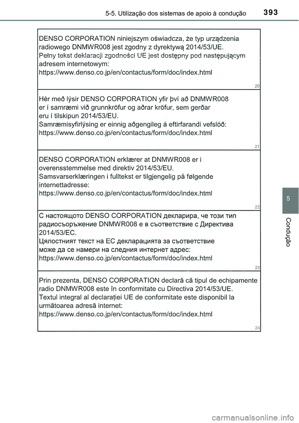TOYOTA PRIUS PLUG-IN HYBRID 2018 Manual de utilização (in Portuguese) 3935-5. Utilização dos sistemas de apoio à condução
5
Condução TOYOTA PRIUS PLUG-IN HYBRID 2018 Manual de utilização (in Portuguese) 3935-5. Utilização dos sistemas de apoio à condução
5
Condução