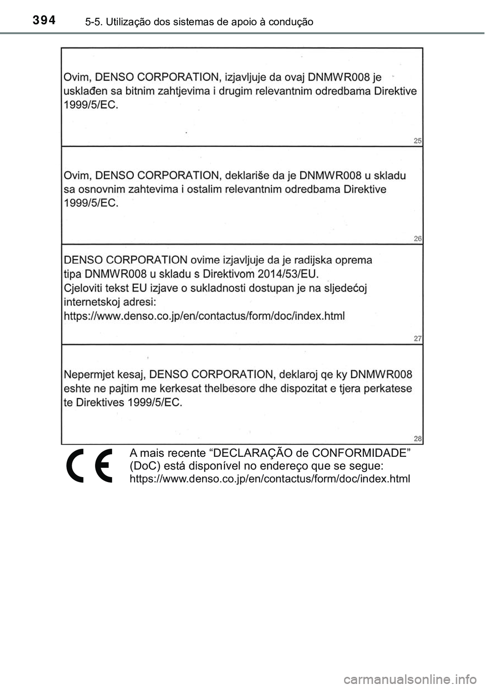 TOYOTA PRIUS PLUG-IN HYBRID 2018 Manual de utilização (in Portuguese) 3945-5. Utilização dos sistemas de apoio à condução
A mais recente “DECLARAÇÃO de CONFORMIDADE”
(DoC) está disponível no endereço que se segue:
https://www.denso.co.jp/en/contactus/form TOYOTA PRIUS PLUG-IN HYBRID 2018 Manual de utilização (in Portuguese) 3945-5. Utilização dos sistemas de apoio à condução
A mais recente “DECLARAÇÃO de CONFORMIDADE”
(DoC) está disponível no endereço que se segue:
https://www.denso.co.jp/en/contactus/form