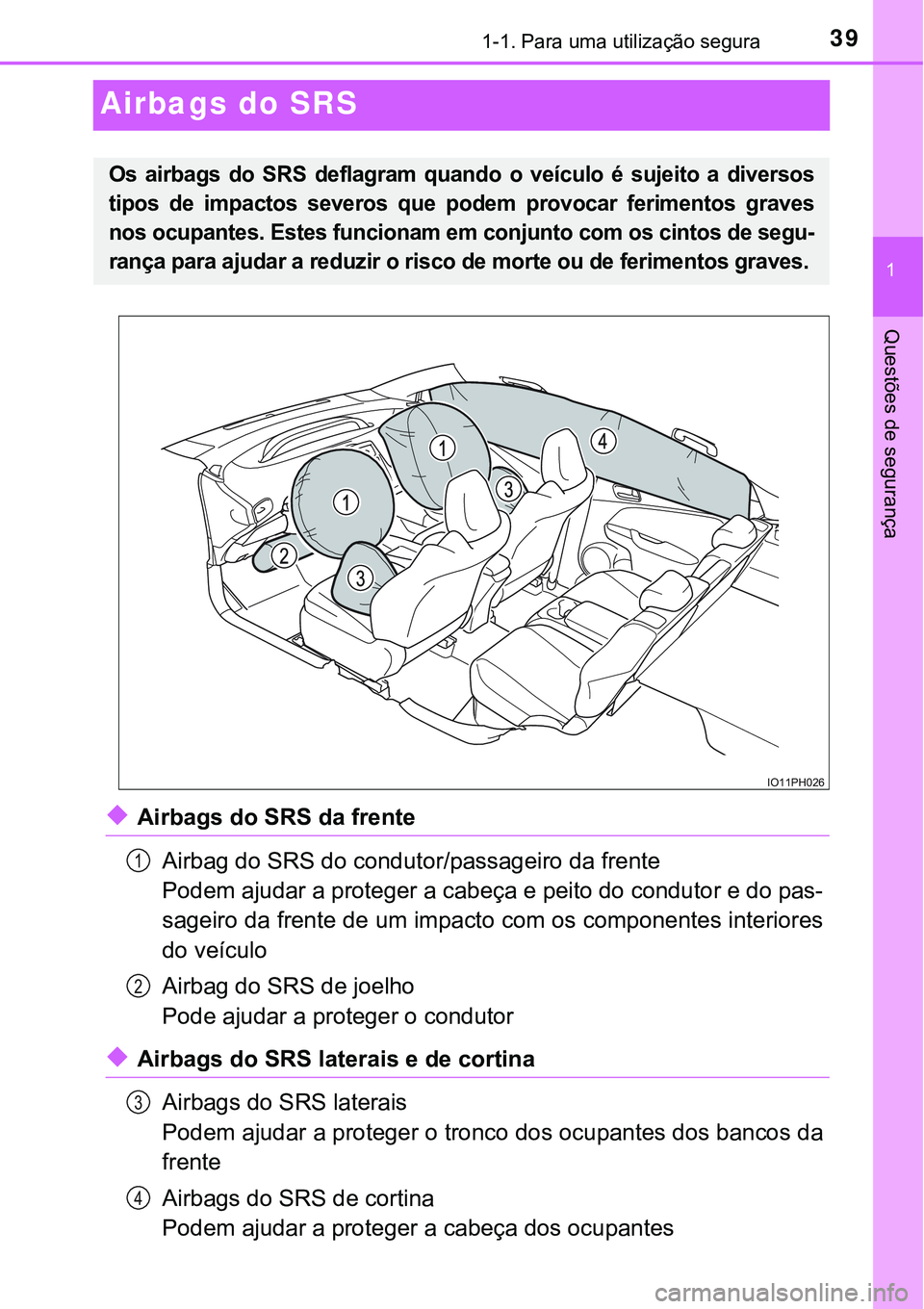 TOYOTA PRIUS PLUG-IN HYBRID 2018  Manual de utilização (in Portuguese) 391-1. Para uma utilização segura
1
Questões de segurança
Airbags do SRS
uAirbags do SRS da frente
Airbag do SRS do condutor/passageiro da frente
Podem ajudar a proteger a cabeça e peito do condu