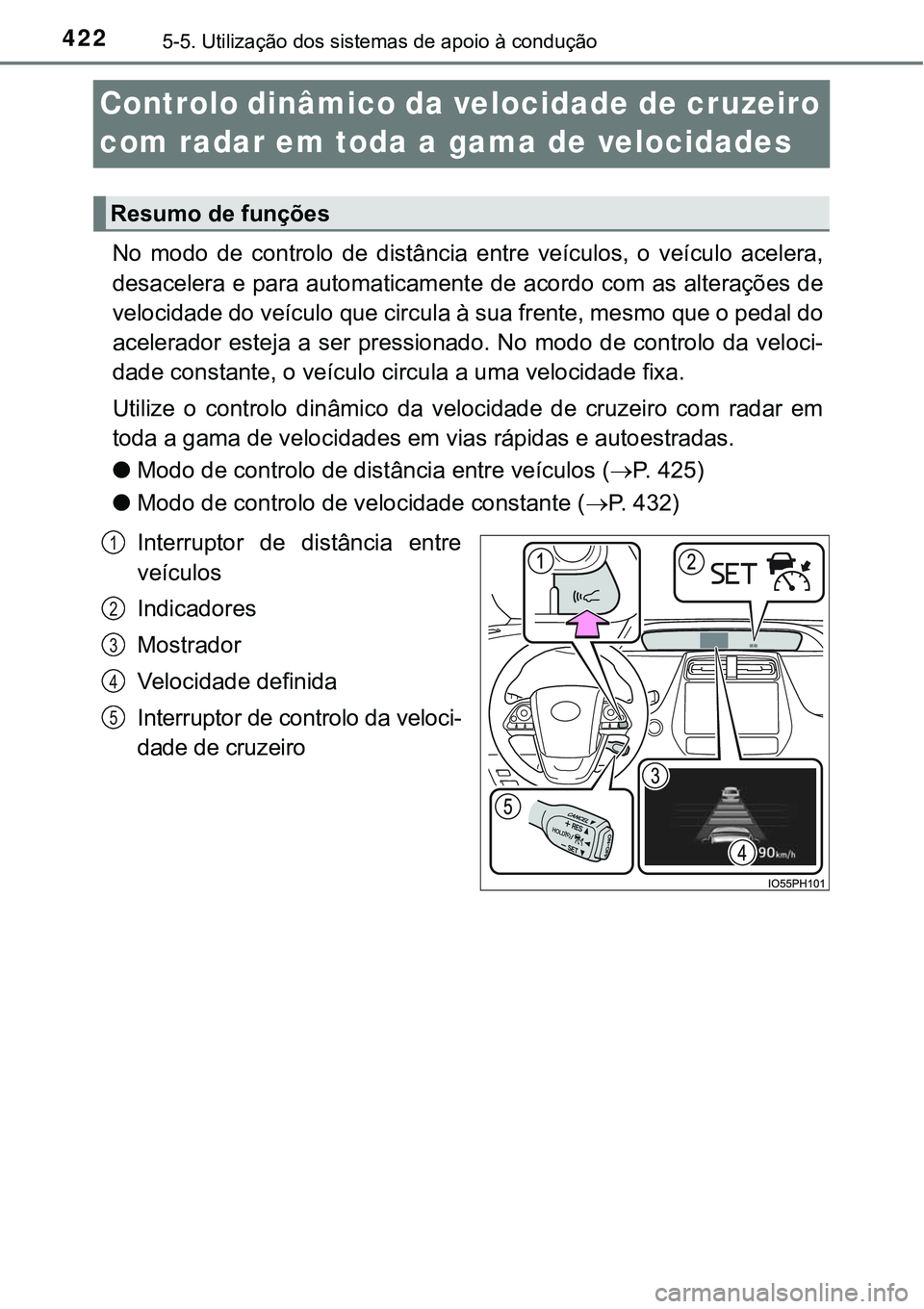 TOYOTA PRIUS PLUG-IN HYBRID 2018 Manual de utilização (in Portuguese) 4225-5. Utilização dos sistemas de apoio à condução
Controlo dinâmico da velocidade de cruzeiro
com radar em toda a gama de velocidades
No modo de controlo de distância entre veículos, TOYOTA PRIUS PLUG-IN HYBRID 2018 Manual de utilização (in Portuguese) 4225-5. Utilização dos sistemas de apoio à condução
Controlo dinâmico da velocidade de cruzeiro
com radar em toda a gama de velocidades
No modo de controlo de distância entre veículos,
