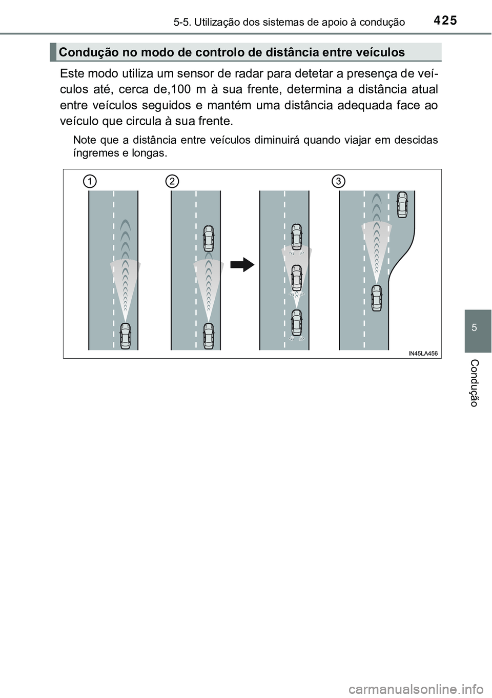 TOYOTA PRIUS PLUG-IN HYBRID 2018 Manual de utilização (in Portuguese) 4255-5. Utilização dos sistemas de apoio à condução
5
Condução
Este modo utiliza um sensor de radar para detetar a presença de veí-
culos até, cerca de,100 m à sua frente, determina TOYOTA PRIUS PLUG-IN HYBRID 2018 Manual de utilização (in Portuguese) 4255-5. Utilização dos sistemas de apoio à condução
5
Condução
Este modo utiliza um sensor de radar para detetar a presença de veí-
culos até, cerca de,100 m à sua frente, determina