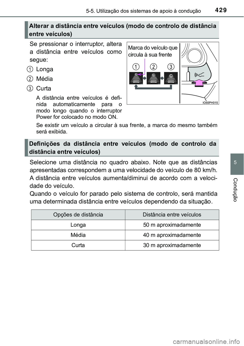 TOYOTA PRIUS PLUG-IN HYBRID 2018 Manual de utilização (in Portuguese) 4295-5. Utilização dos sistemas de apoio à condução
5
Condução
Se pressionar o interruptor, altera
a distância entre veículos como
segue:
Longa
Média
Curta
A distância entre veí TOYOTA PRIUS PLUG-IN HYBRID 2018 Manual de utilização (in Portuguese) 4295-5. Utilização dos sistemas de apoio à condução
5
Condução
Se pressionar o interruptor, altera
a distância entre veículos como
segue:
Longa
Média
Curta
A distância entre veí
