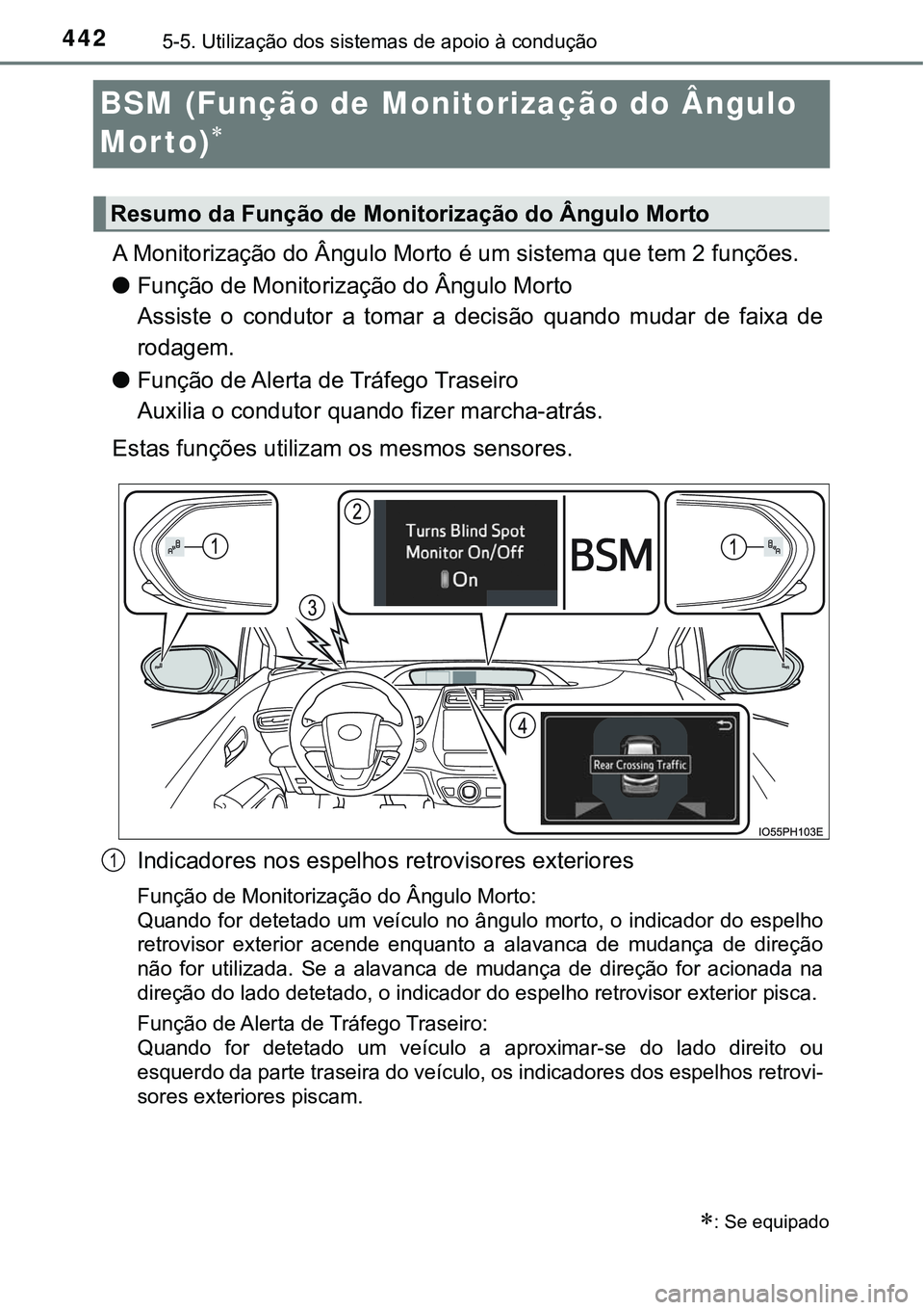 TOYOTA PRIUS PLUG-IN HYBRID 2018 Manual de utilização (in Portuguese) 4425-5. Utilização dos sistemas de apoio à condução
BSM (Função de Monitorização do Ângulo
Mor to)
A Monitorização do Ângulo Morto é um sistema que tem 2 funções.
lFunção de Mon TOYOTA PRIUS PLUG-IN HYBRID 2018 Manual de utilização (in Portuguese) 4425-5. Utilização dos sistemas de apoio à condução
BSM (Função de Monitorização do Ângulo
Mor to)
A Monitorização do Ângulo Morto é um sistema que tem 2 funções.
lFunção de Mon