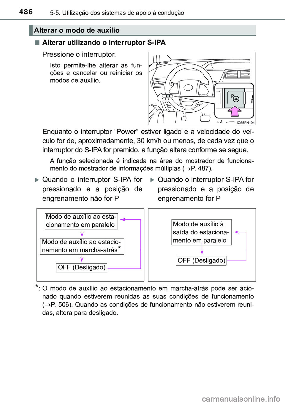 TOYOTA PRIUS PLUG-IN HYBRID 2018 Manual de utilização (in Portuguese) 4865-5. Utilização dos sistemas de apoio à condução
nAlterar utilizando o interruptor S-IPA
Pressione o interruptor.
Isto permite-lhe alterar as fun-
ções e cancelar ou reiniciar os
mo TOYOTA PRIUS PLUG-IN HYBRID 2018 Manual de utilização (in Portuguese) 4865-5. Utilização dos sistemas de apoio à condução
nAlterar utilizando o interruptor S-IPA
Pressione o interruptor.
Isto permite-lhe alterar as fun-
ções e cancelar ou reiniciar os
mo
