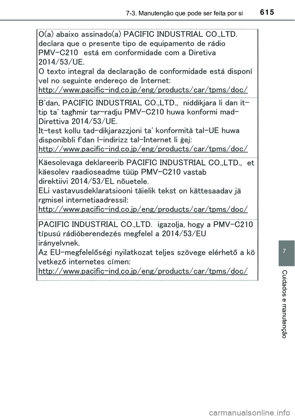 TOYOTA PRIUS PLUG-IN HYBRID 2018 Manual de utilização (in Portuguese) 6157-3. Manutenção que pode ser feita por si
7
Cuidados e manutenção TOYOTA PRIUS PLUG-IN HYBRID 2018 Manual de utilização (in Portuguese) 6157-3. Manutenção que pode ser feita por si
7
Cuidados e manutenção