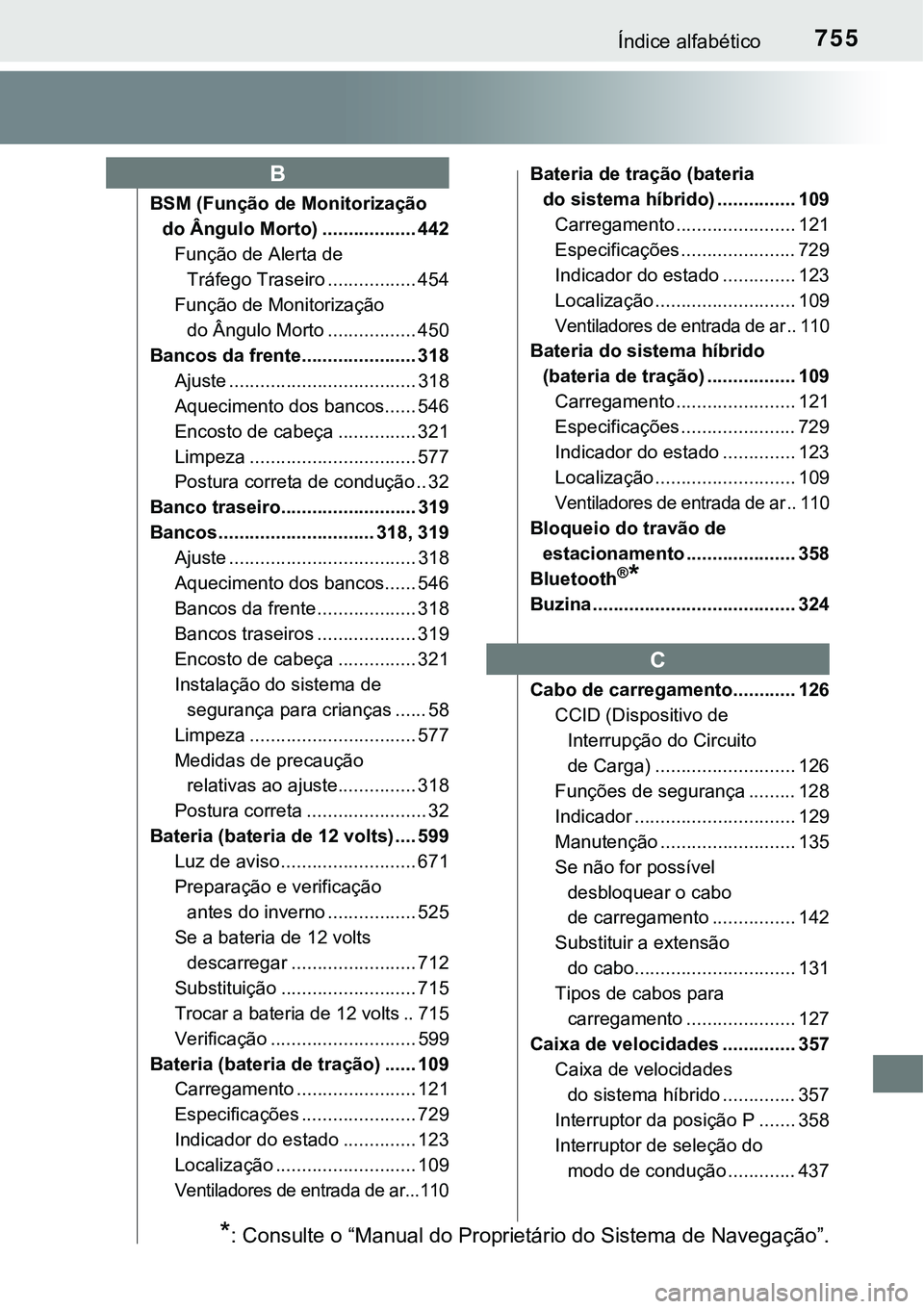 TOYOTA PRIUS PLUG-IN HYBRID 2018 Manual de utilização (in Portuguese) 755Índice alfabético
BSM (Função de Monitorização
do Ângulo Morto) .................. 442
Função de Alerta de
Tráfego Traseiro ................. 454
Função de Monitorização
do Ângulo TOYOTA PRIUS PLUG-IN HYBRID 2018 Manual de utilização (in Portuguese) 755Índice alfabético
BSM (Função de Monitorização
do Ângulo Morto) .................. 442
Função de Alerta de
Tráfego Traseiro ................. 454
Função de Monitorização
do Ângulo