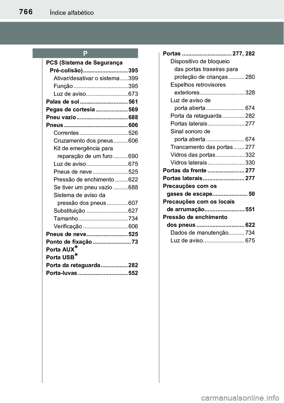 TOYOTA PRIUS PLUG-IN HYBRID 2018 Manual de utilização (in Portuguese) 766Índice alfabético
PCS (Sistema de Segurança
Pré-colisão) ............................ 395
Ativar/desativar o sistema ..... 399
Função .................................. 395
Luz de aviso ... TOYOTA PRIUS PLUG-IN HYBRID 2018 Manual de utilização (in Portuguese) 766Índice alfabético
PCS (Sistema de Segurança
Pré-colisão) ............................ 395
Ativar/desativar o sistema ..... 399
Função .................................. 395
Luz de aviso ...