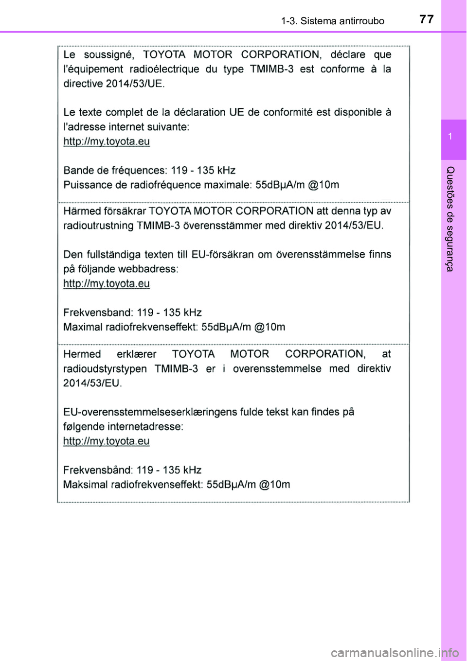TOYOTA PRIUS PLUG-IN HYBRID 2018  Manual de utilização (in Portuguese) 771-3. Sistema antirroubo
1
Questões de segurança 