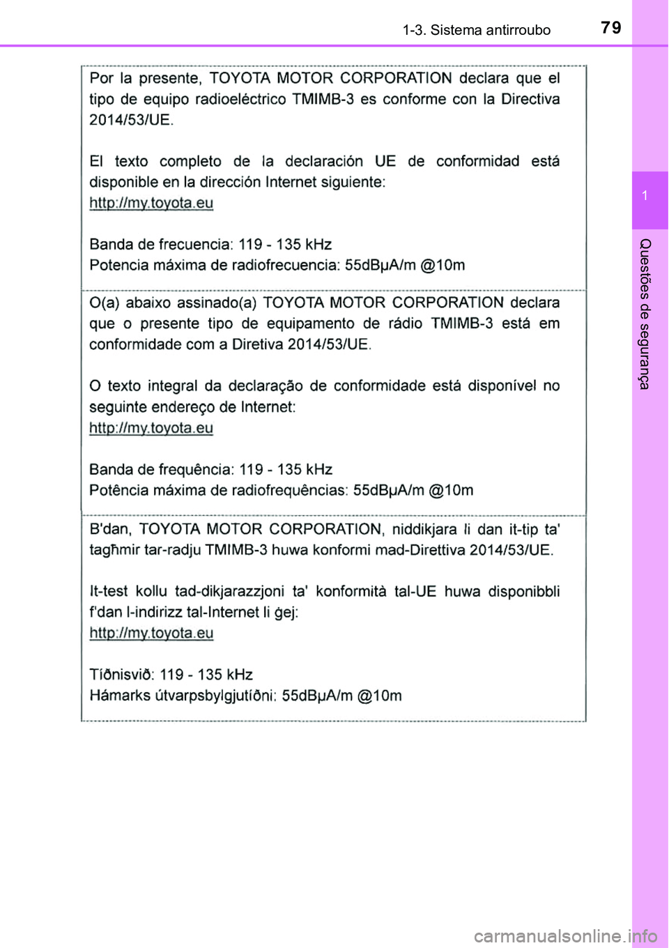 TOYOTA PRIUS PLUG-IN HYBRID 2018  Manual de utilização (in Portuguese) 791-3. Sistema antirroubo
1
Questões de segurança 