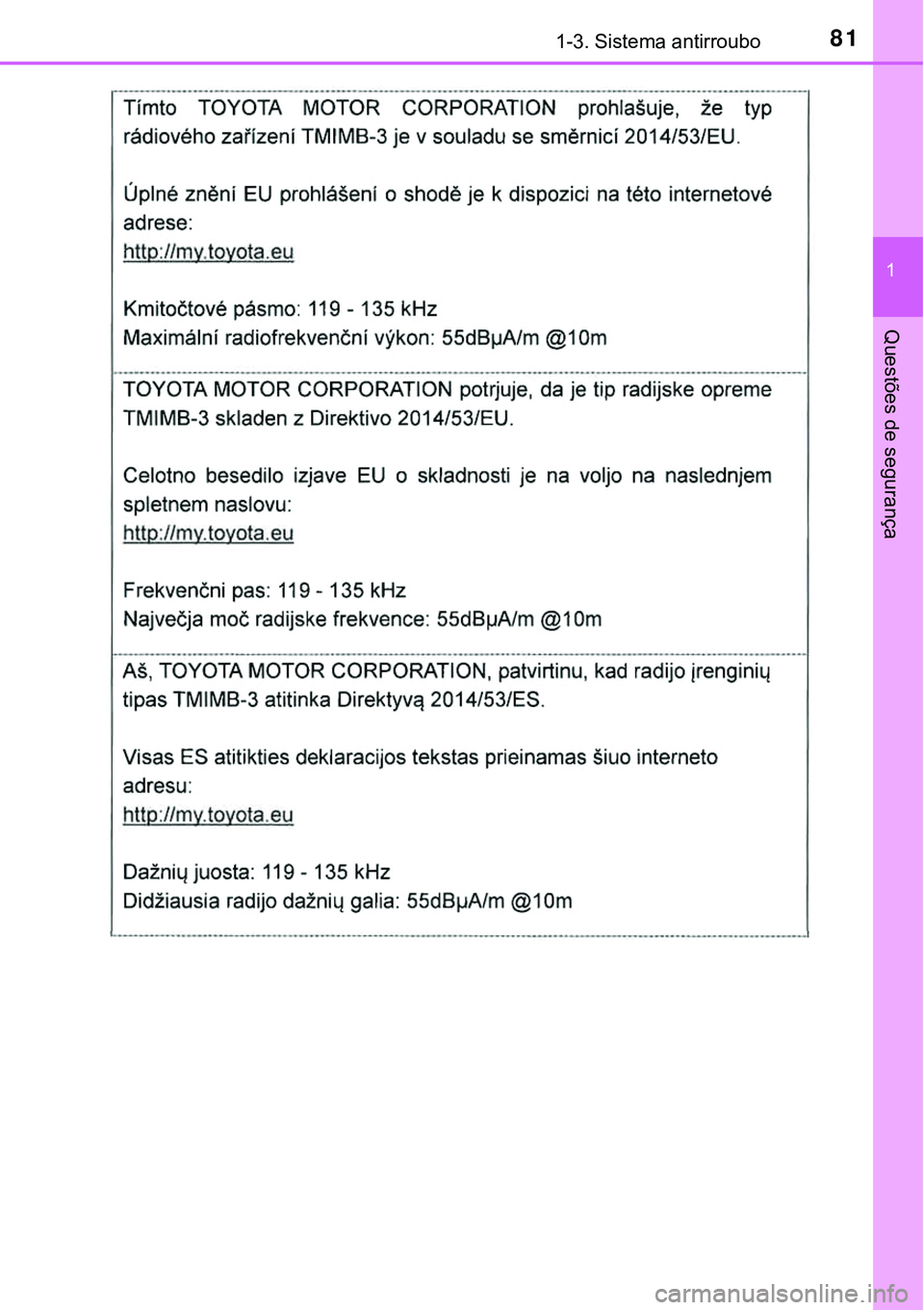 TOYOTA PRIUS PLUG-IN HYBRID 2018  Manual de utilização (in Portuguese) 811-3. Sistema antirroubo
1
Questões de segurança 