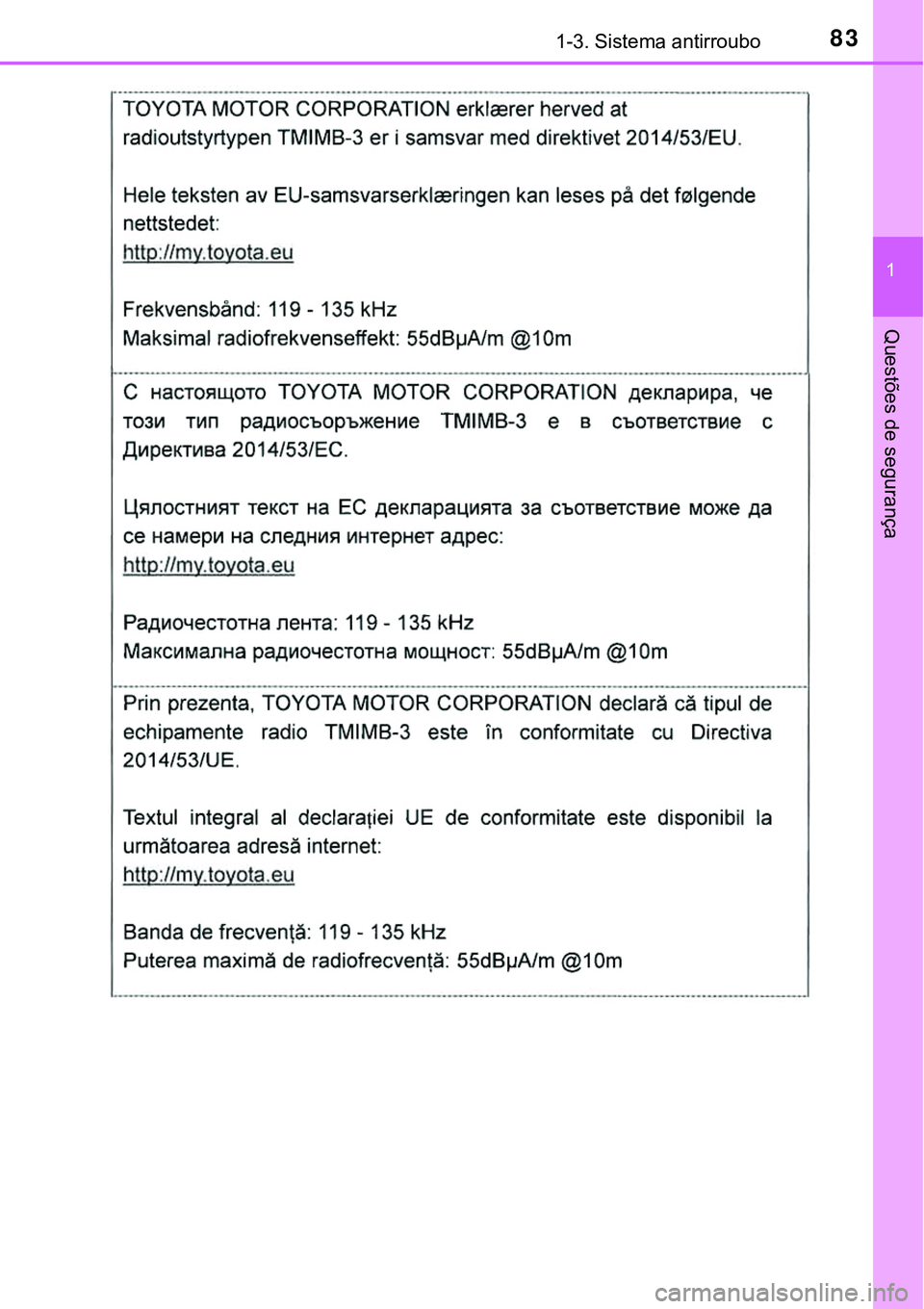 TOYOTA PRIUS PLUG-IN HYBRID 2018  Manual de utilização (in Portuguese) 831-3. Sistema antirroubo
1
Questões de segurança 