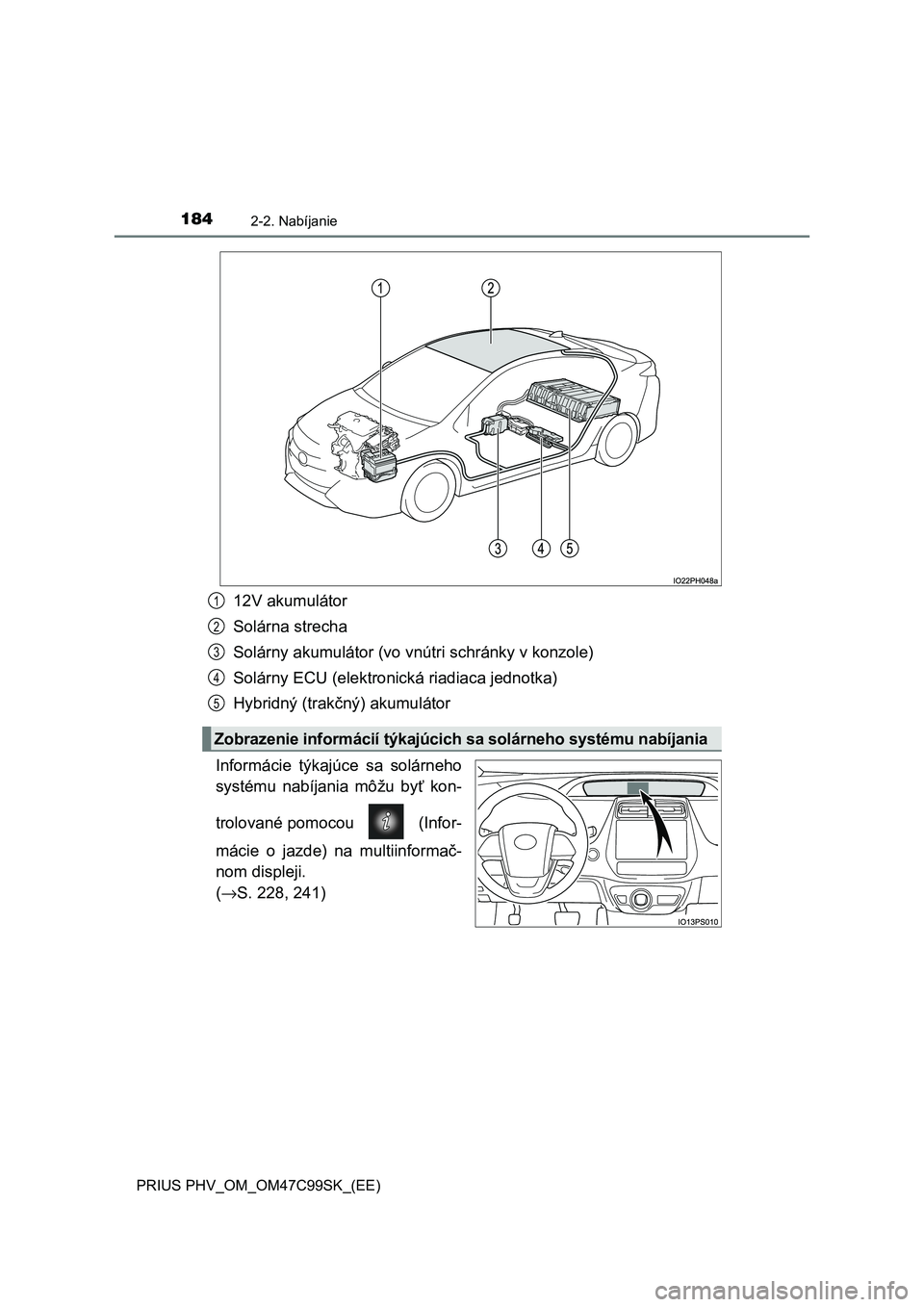 TOYOTA PRIUS PLUG-IN HYBRID 2018 Návod na použitie (in Slovakian) 1842-2. Nabíjanie
PRIUS PHV_OM_OM47C99SK_(EE)
12V akumulátor
Solárna strecha
Solárny akumulátor (vo vnútri schránky v konzole)
Solárny ECU (elektronická riadiaca jednotka)
Hybridný (trakčn TOYOTA PRIUS PLUG-IN HYBRID 2018 Návod na použitie (in Slovakian) 1842-2. Nabíjanie
PRIUS PHV_OM_OM47C99SK_(EE)
12V akumulátor
Solárna strecha
Solárny akumulátor (vo vnútri schránky v konzole)
Solárny ECU (elektronická riadiaca jednotka)
Hybridný (trakčn
