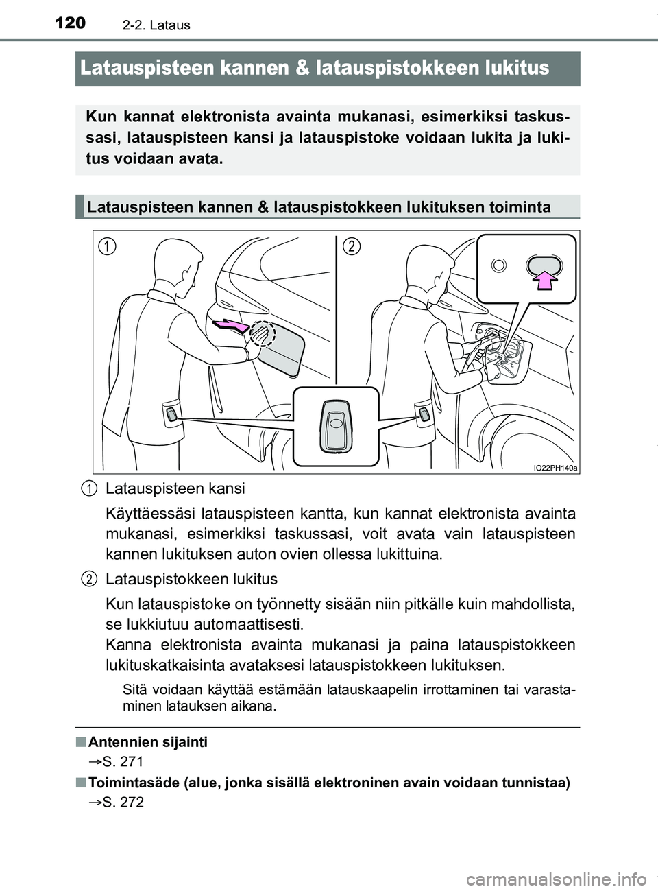 TOYOTA PRIUS PLUG-IN HYBRID 2018 Omistajan Käsikirja (in Finnish) 1202-2. Lataus
OM47C99FI
Latauspisteen kannen & latauspistokkeen lukitus
Latauspisteen kansi
Käyttäessäsi latauspisteen kantta, kun kannat elektronista avainta
mukanasi, esimerkiksi taskussasi, voi TOYOTA PRIUS PLUG-IN HYBRID 2018 Omistajan Käsikirja (in Finnish) 1202-2. Lataus
OM47C99FI
Latauspisteen kannen & latauspistokkeen lukitus
Latauspisteen kansi
Käyttäessäsi latauspisteen kantta, kun kannat elektronista avainta
mukanasi, esimerkiksi taskussasi, voi