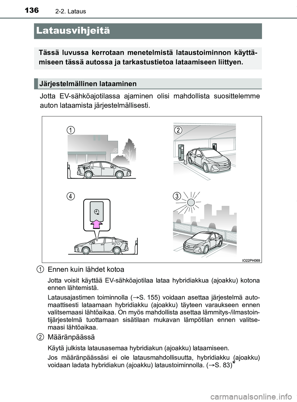 TOYOTA PRIUS PLUG-IN HYBRID 2018 Omistajan Käsikirja (in Finnish) 1362-2. Lataus
OM47C99FI
Latausvihjeitä
Jotta EV-sähköajotilassa ajaminen olisi ma hdollista suosittelemme
auton lataamista jä rjestelmällisesti.
Ennen kuin lähdet kotoa
Jotta voisit käyttää TOYOTA PRIUS PLUG-IN HYBRID 2018 Omistajan Käsikirja (in Finnish) 1362-2. Lataus
OM47C99FI
Latausvihjeitä
Jotta EV-sähköajotilassa ajaminen olisi ma hdollista suosittelemme
auton lataamista jä rjestelmällisesti.
Ennen kuin lähdet kotoa
Jotta voisit käyttää