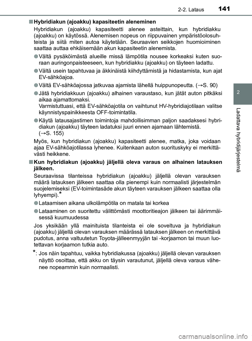 TOYOTA PRIUS PLUG-IN HYBRID 2018 Omistajan Käsikirja (in Finnish) 1412-2. Lataus
2
Ladattava hybridijärjestelmä
OM47C99FIn
Hybridiakun (ajoakku) kapasiteetin aleneminen
Hybridiakun (ajoakku) kapasiteetti alenee asteittain, kun hybridiakku
(ajoakku) on käytössä. TOYOTA PRIUS PLUG-IN HYBRID 2018 Omistajan Käsikirja (in Finnish) 1412-2. Lataus
2
Ladattava hybridijärjestelmä
OM47C99FIn
Hybridiakun (ajoakku) kapasiteetin aleneminen
Hybridiakun (ajoakku) kapasiteetti alenee asteittain, kun hybridiakku
(ajoakku) on käytössä.