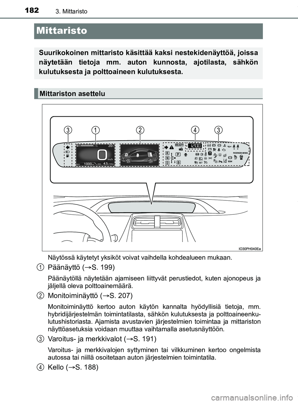 TOYOTA PRIUS PLUG-IN HYBRID 2018 Omistajan Käsikirja (in Finnish) 1823. Mittaristo
OM47C99FI
Mittaristo
Näytössä käytetyt yksiköt voivat vaihdella kohdealueen mukaan.
Päänäyttö (S. 199)
Päänäytöllä näytetään ajamiseen liittyvät perustiedot, kute TOYOTA PRIUS PLUG-IN HYBRID 2018 Omistajan Käsikirja (in Finnish) 1823. Mittaristo
OM47C99FI
Mittaristo
Näytössä käytetyt yksiköt voivat vaihdella kohdealueen mukaan.
Päänäyttö (S. 199)
Päänäytöllä näytetään ajamiseen liittyvät perustiedot, kute