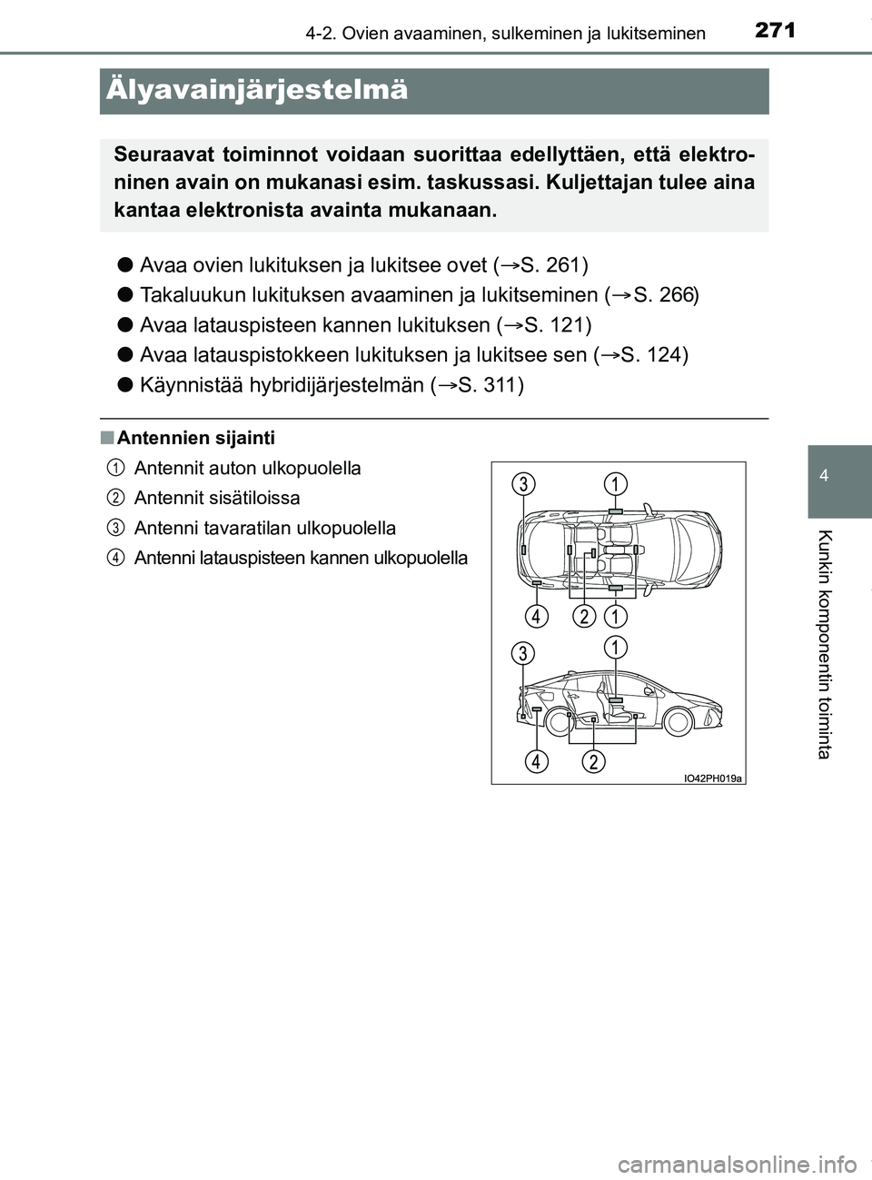 TOYOTA PRIUS PLUG-IN HYBRID 2018 Omistajan Käsikirja (in Finnish) 2714-2. Ovien avaaminen, sulkeminen ja lukitseminen
OM47C99FI
4
Kunkin komponentin toiminta
Älyavainjärjestelmä
lAvaa ovien lukituksen ja lukitsee ovet ( ï‚®S. 261)
l Takaluukun lukituksen avaamine TOYOTA PRIUS PLUG-IN HYBRID 2018 Omistajan Käsikirja (in Finnish) 2714-2. Ovien avaaminen, sulkeminen ja lukitseminen
OM47C99FI
4
Kunkin komponentin toiminta
Älyavainjärjestelmä
lAvaa ovien lukituksen ja lukitsee ovet ( ï‚®S. 261)
l Takaluukun lukituksen avaamine