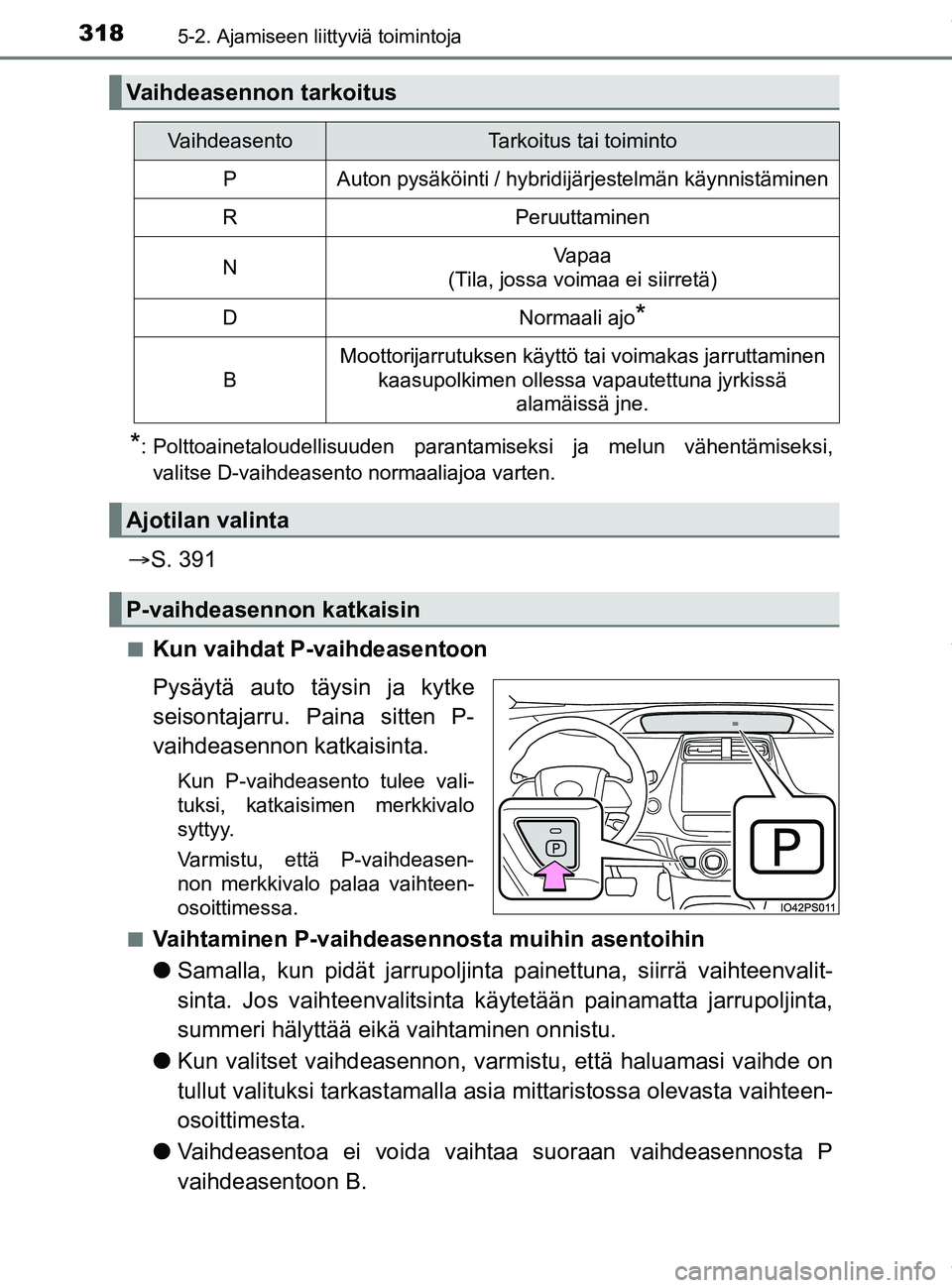 TOYOTA PRIUS PLUG-IN HYBRID 2018  Omistajan Käsikirja (in Finnish) 3185-2. Ajamiseen liittyviä toimintoja
OM47C99FI
*: Polttoainetaloudellisuuden parantamiseksi ja melun vähentämiseksi,valitse D-vaihdeasento normaaliajoa varten.
 S. 391
nKun vaihdat P-vaihdease