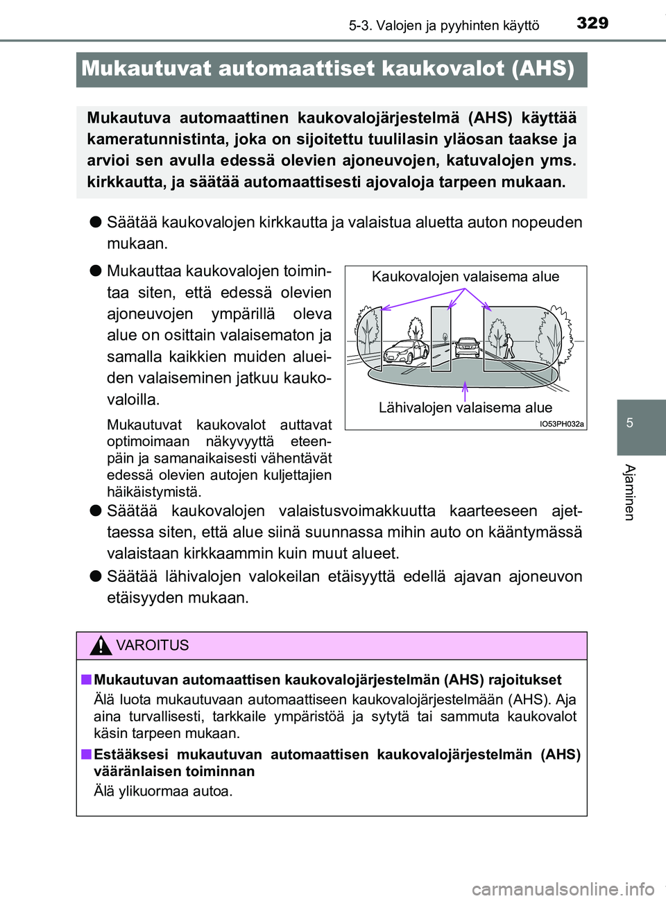 TOYOTA PRIUS PLUG-IN HYBRID 2018 Omistajan Käsikirja (in Finnish) 3295-3. Valojen ja pyyhinten käyttö
OM47C99FI
5
Ajaminen
Mukautuvat automaattiset kaukovalot (AHS)
lSäätää kaukovalojen ki rkkautta ja valaistua aluetta auton nopeuden
mukaan.
l Mukauttaa kaukov TOYOTA PRIUS PLUG-IN HYBRID 2018 Omistajan Käsikirja (in Finnish) 3295-3. Valojen ja pyyhinten käyttö
OM47C99FI
5
Ajaminen
Mukautuvat automaattiset kaukovalot (AHS)
lSäätää kaukovalojen ki rkkautta ja valaistua aluetta auton nopeuden
mukaan.
l Mukauttaa kaukov